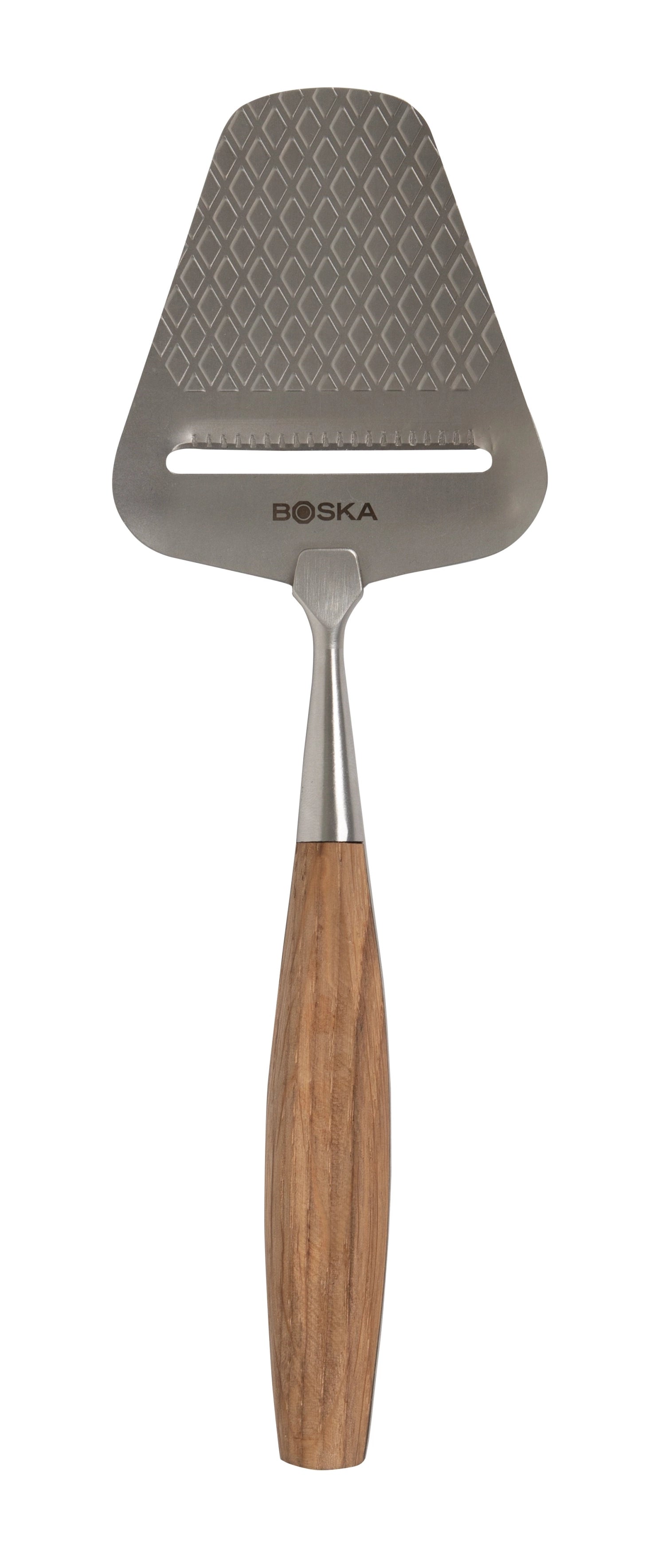 Entdecken Sie den Käsehobel Oslo+ von Boska: Hochwertiger Edelstahl, eleganter Eichenholzgriff, perfekte Käsescheiben für jeden Anlass.