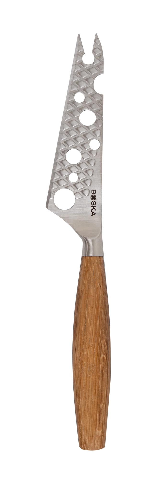 Entdecken Sie das Käsemesser Oslo+ Nr. 2 von Boska: ideal für halbweichen Käse, mit scharfer Edelstahlklinge und ergonomischem Eichenholzgriff.
