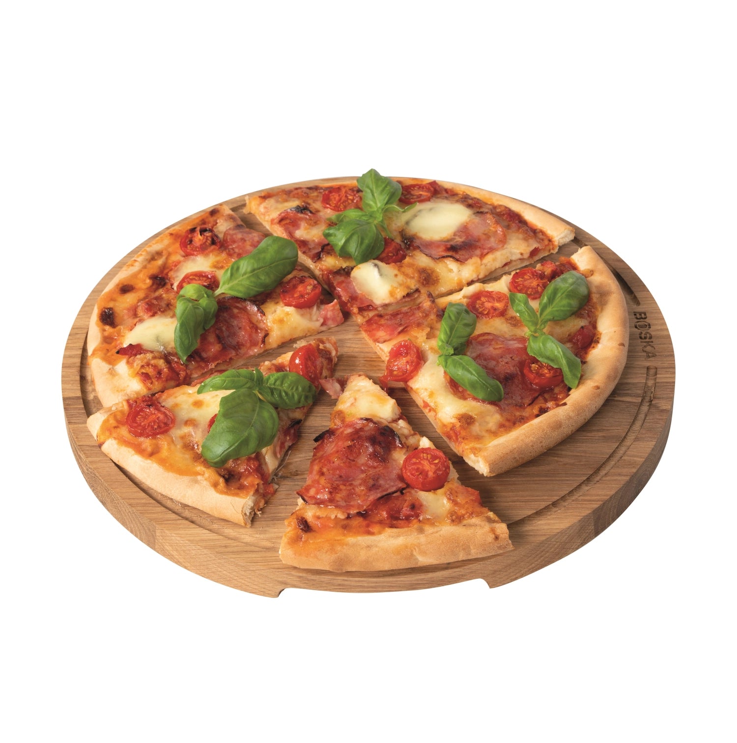 Elegantes Pizzabrett aus robustem Eichenholz mit einem Durchmesser von 34 cm, ideal für die Präsentation und Zubereitung köstlicher Pizzen.