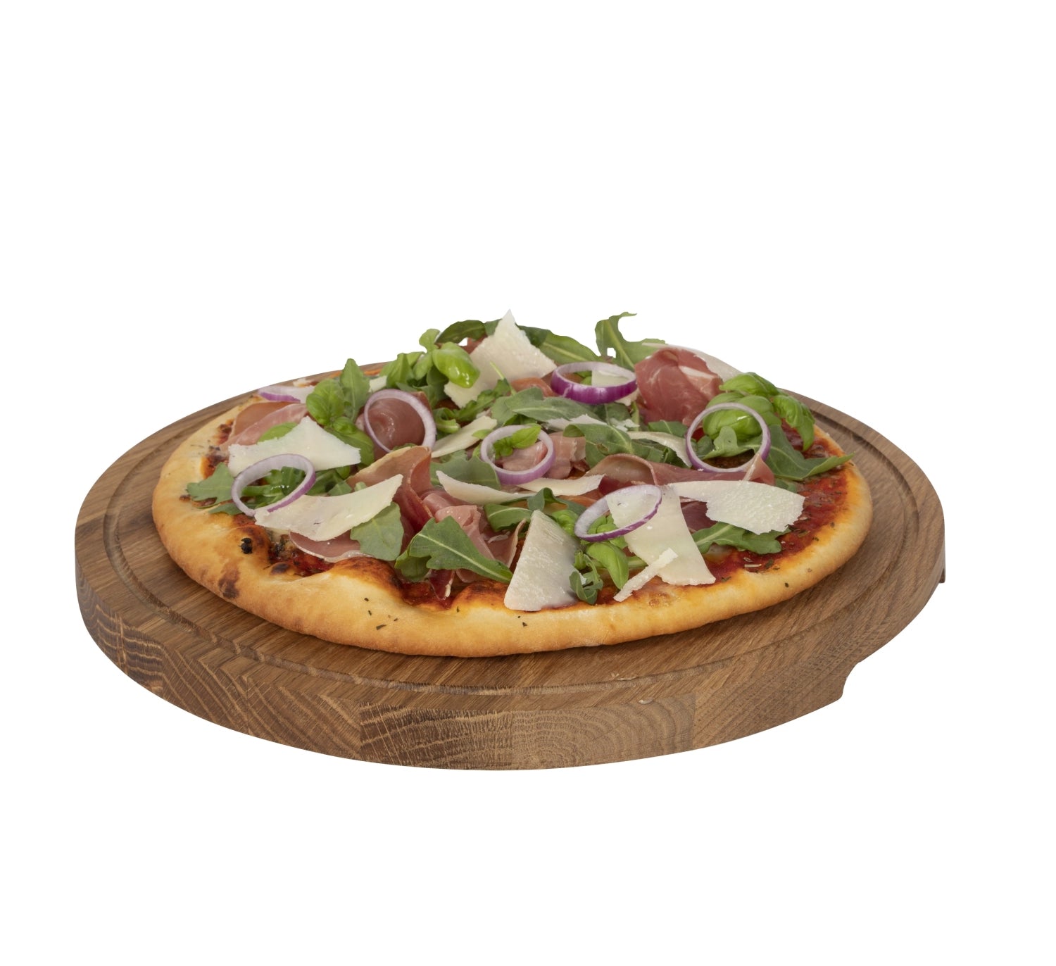 Hochwertiges Pizzabrett aus Eichenholz mit 34 cm Durchmesser, perfekt zum Servieren und Schneiden von Pizza in stilvollem Design.