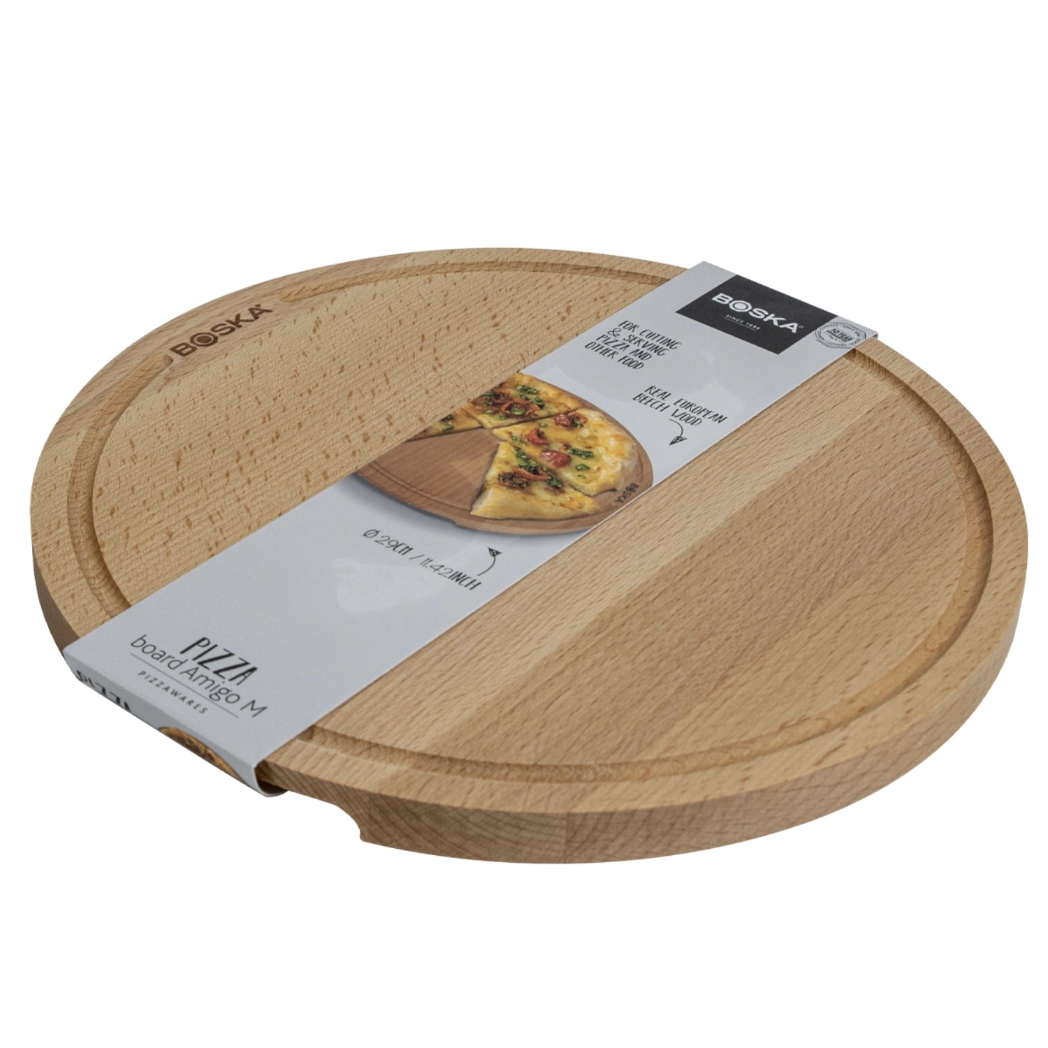 Elegantes Pizzabrett Amigo M von Boska, Ø29xH1.5cm, aus hochwertigem Holz, ideal für das Servieren und Schneiden von köstlichen Pizzas.