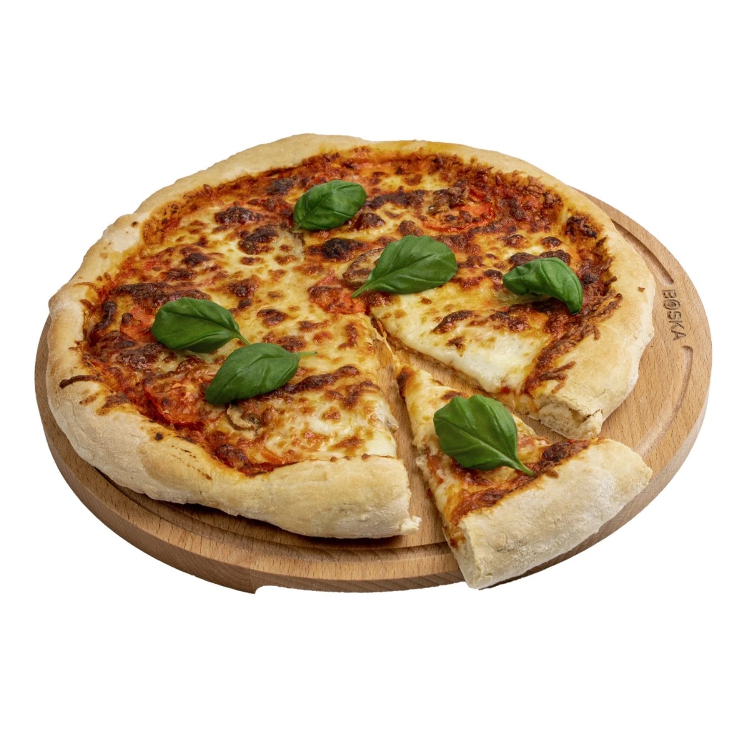 Elegantes Pizzabrett Amigo L von Boska, Ø34xH1.5cm, aus robustem Holz, ideal für die Präsentation und Zubereitung von köstlicher Pizza.