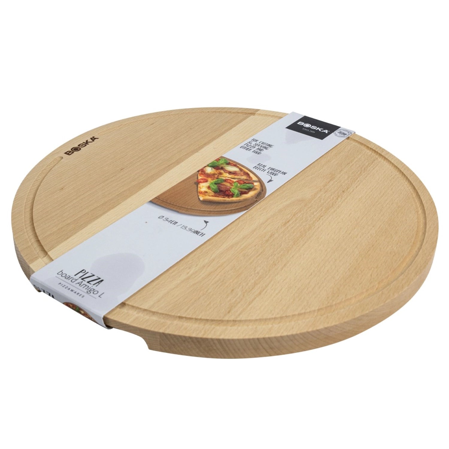 Hochwertiges Pizzabrett Amigo L von Boska, Ø34xH1.5cm, aus langlebigem Holz, perfekt zum Servieren und Schneiden von Pizza.