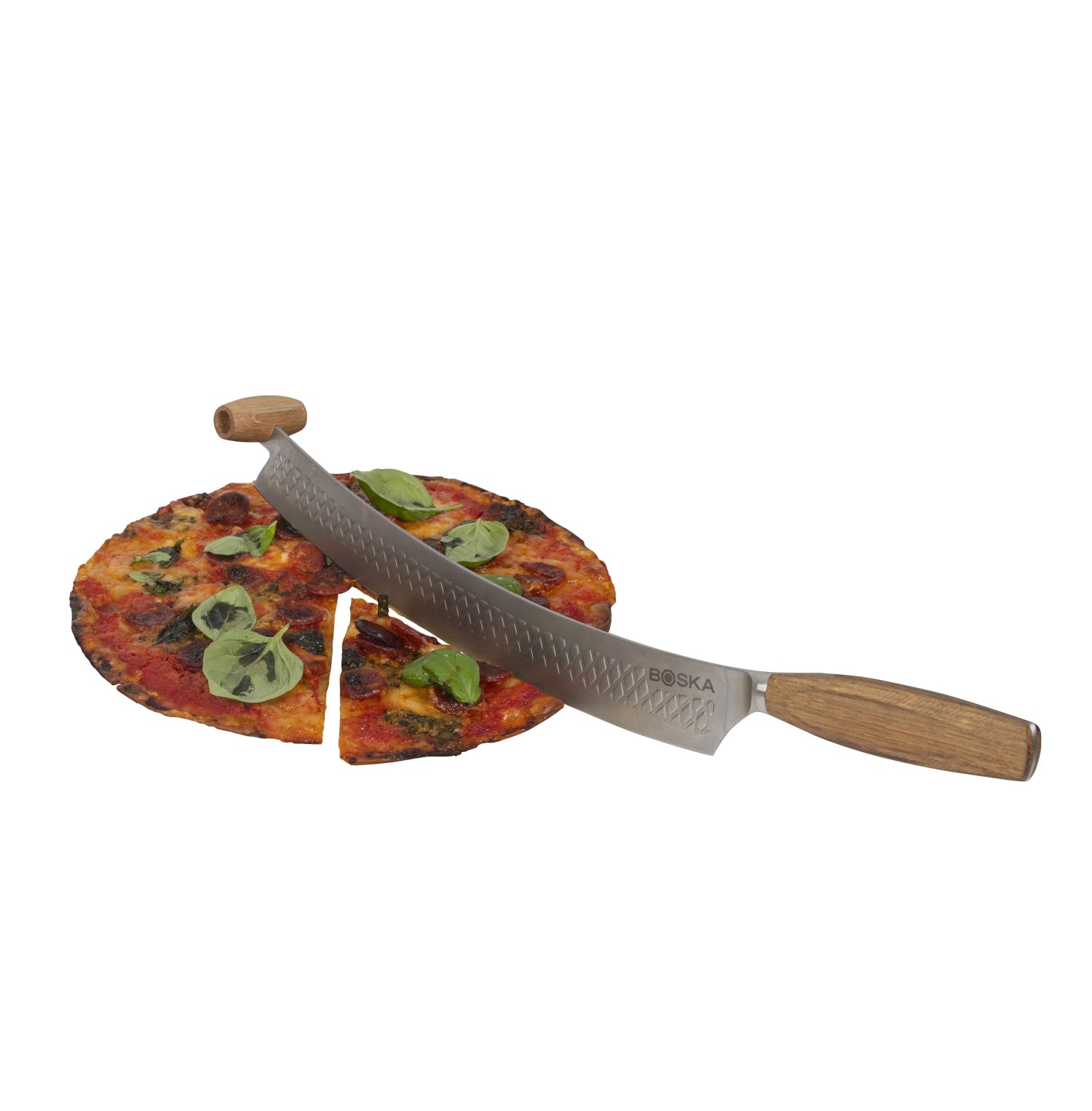Elegantes Pizzamesser aus robustem Edelstahl mit einem edlen Griff aus Eichenholz, perfekt für müheloses Schneiden von Pizza.