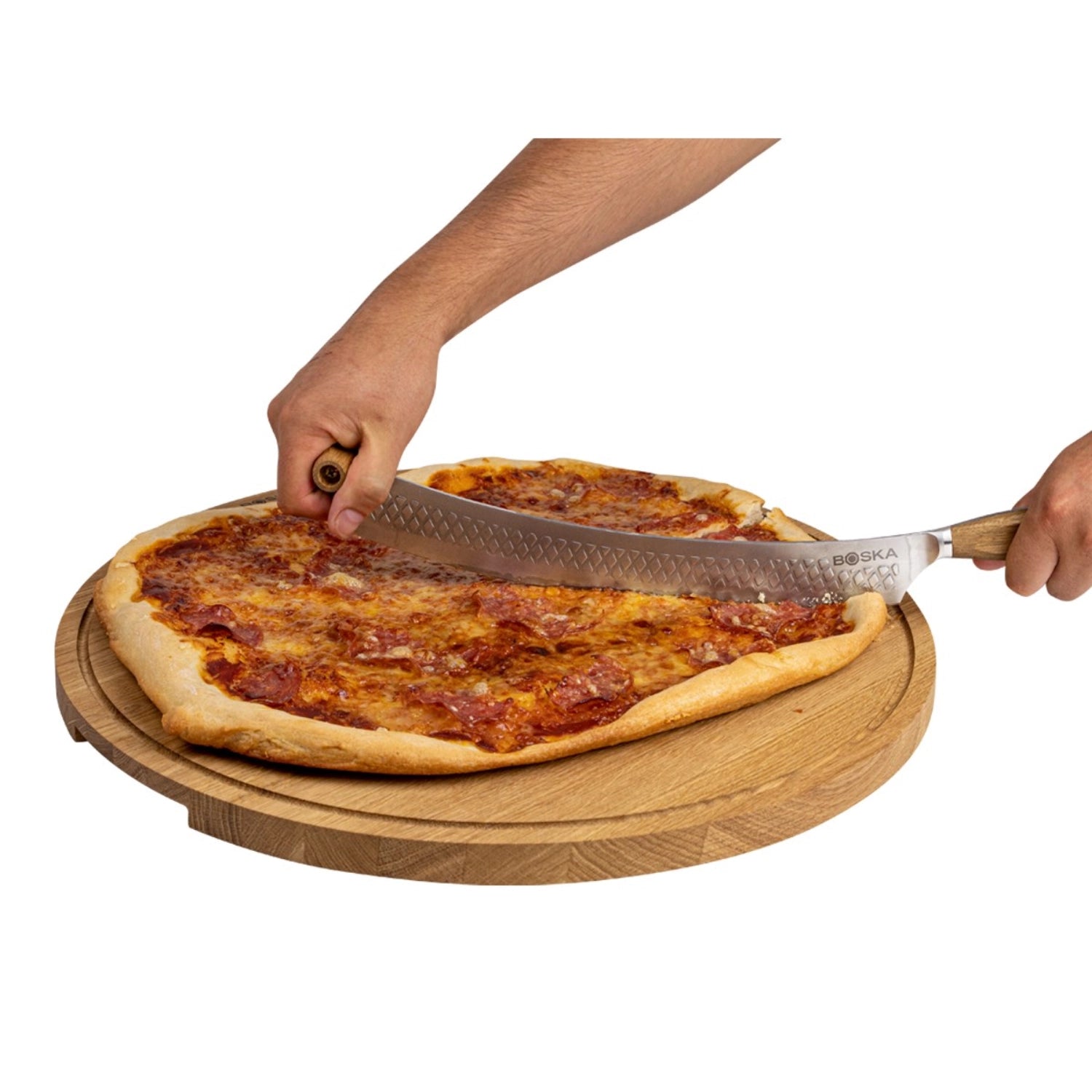 Hochwertiges Pizzamesser aus Edelstahl mit stilvollem Eichenholzgriff, ideal für präzises und einfaches Schneiden von Pizzastücken.