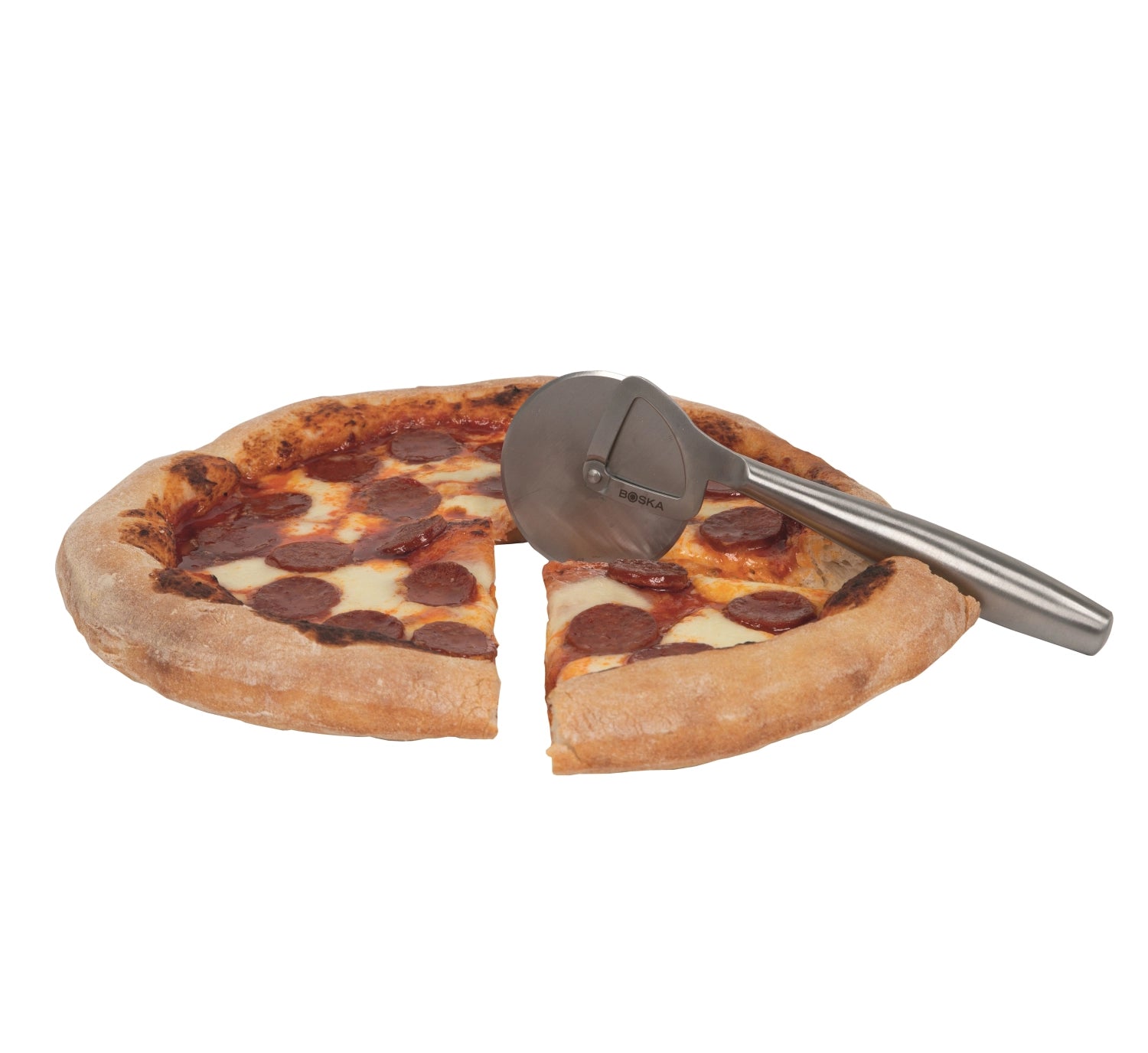 Eleganter Pizzaschneider Copenhagen von Boska, der durch sein zeitgemäßes Design und seine scharfe Klinge das Pizzaschneiden zum Vergnügen macht.