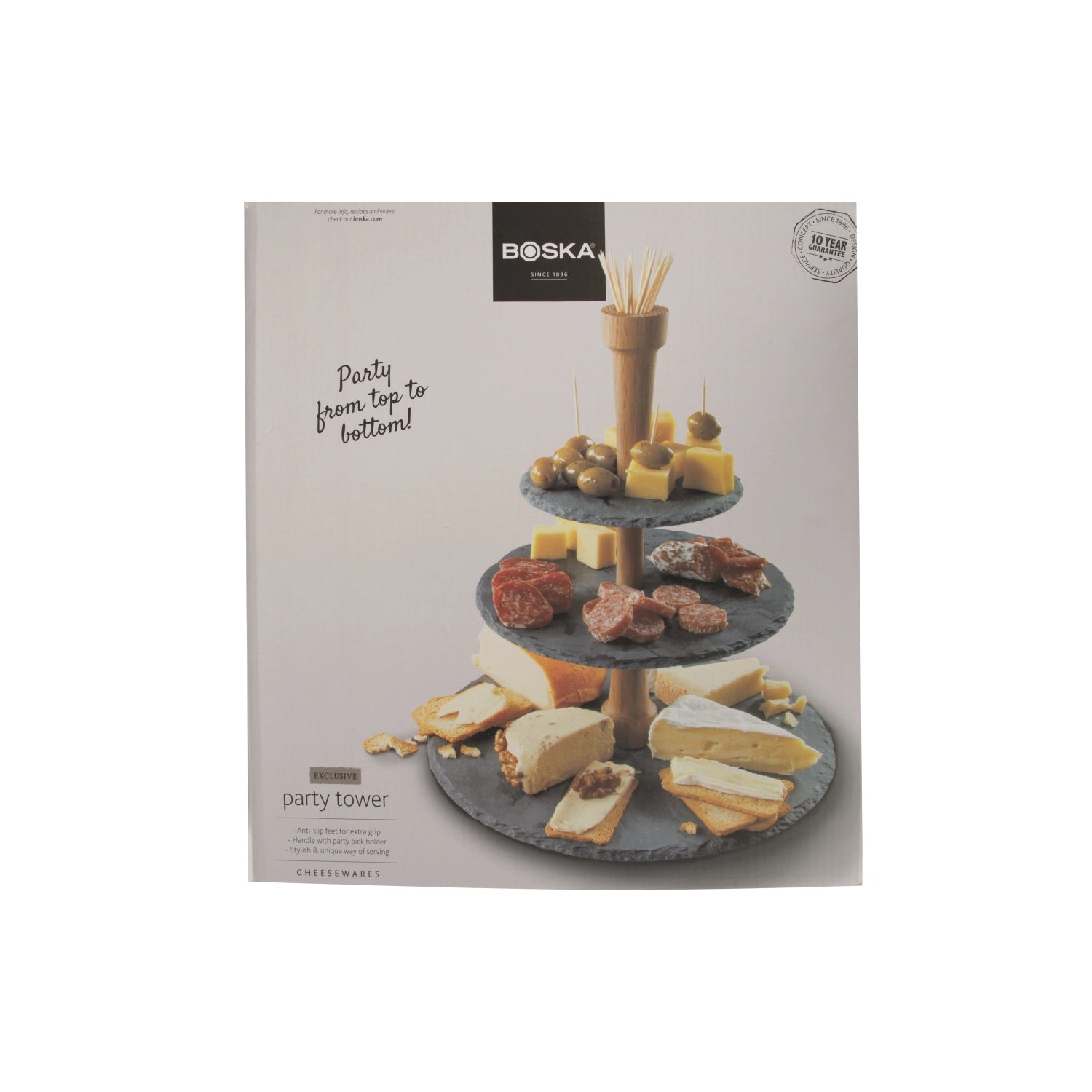 Eleganter Party Tower in Schwarz aus Edelstahl und Schiefer, ideal für stilvolle Tortendekoration und Snackpräsentation bei Festlichkeiten.