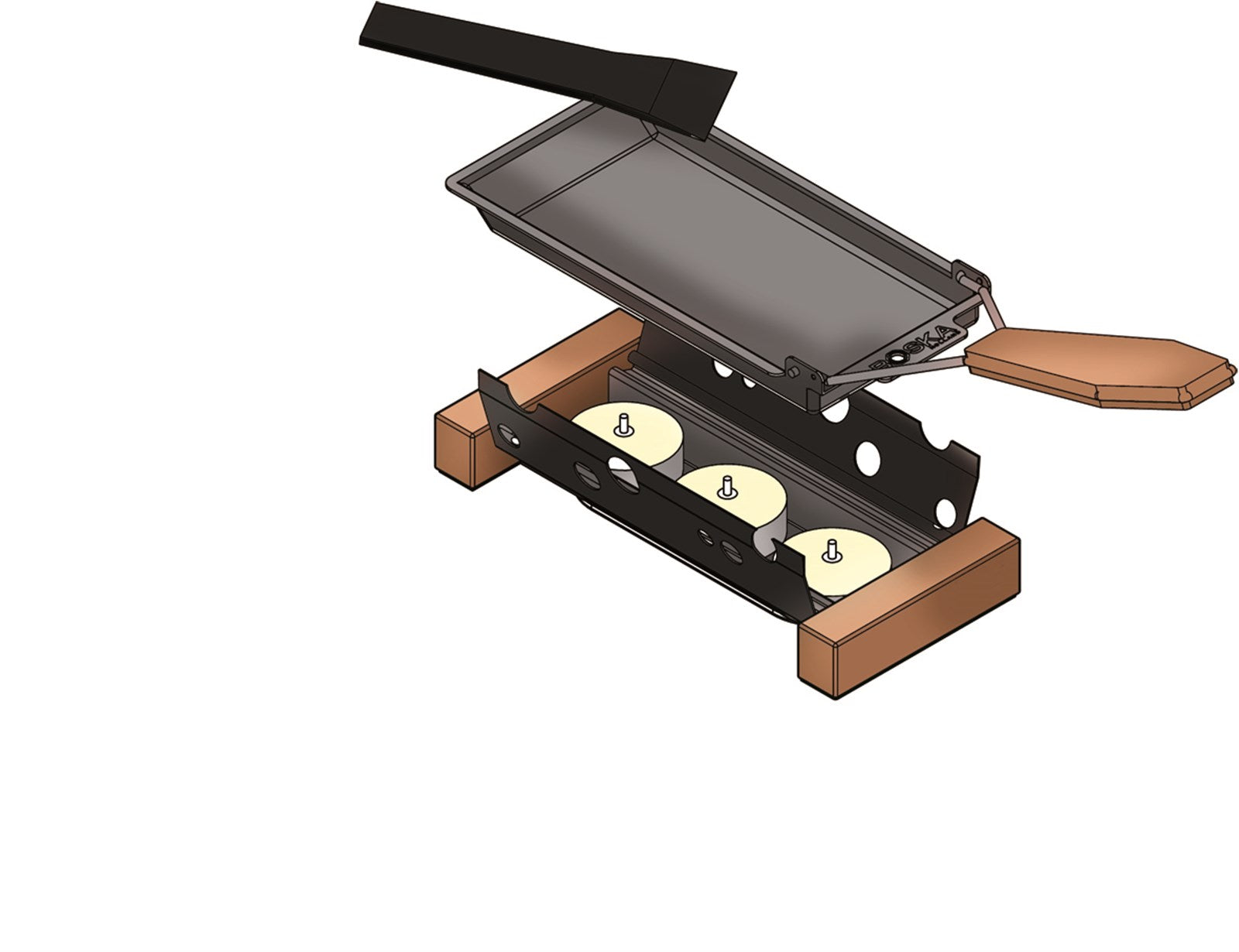 Entdecken Sie das elegante Partyclette® ToGo Oslo von Boska: Kompakt, aus hochwertigem Eichenholz und Edelstahl, ideal für gesellige Raclette-Abende unterwegs.