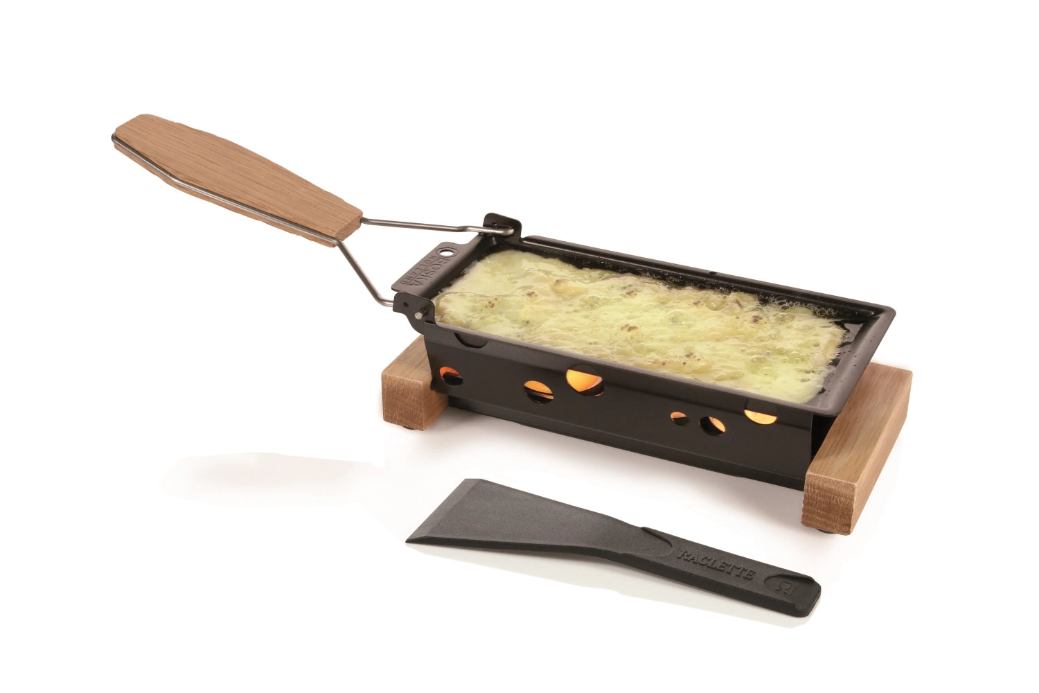 Praktische und stilvolle Partyclette® ToGo Oslo aus edler Eiche, perfekt für Raclette-Genuss unterwegs, Maße: 19.5x9.5x5.0cm.