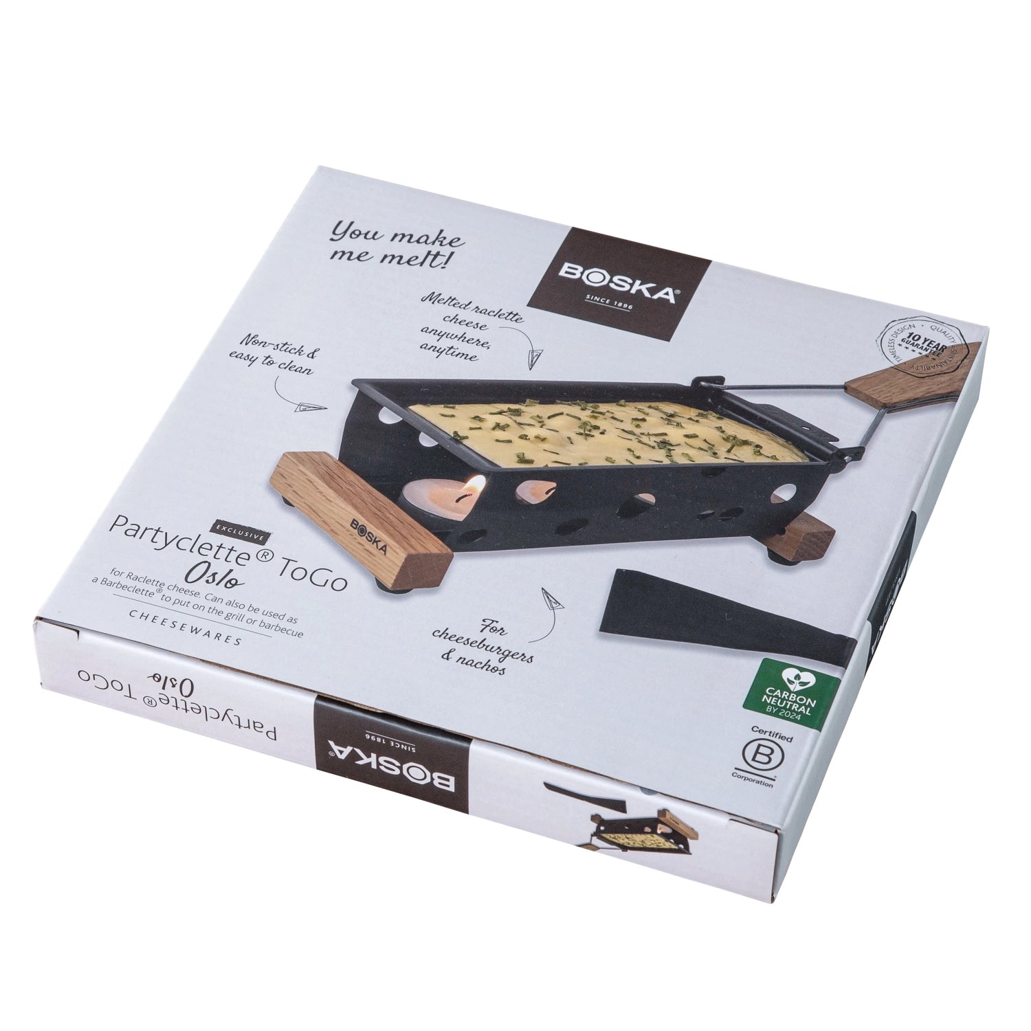 Elegante Partyclette® ToGo Oslo aus hochwertiger Eiche, ideal für Raclette-Abende unterwegs, kompakte Maße: 19.5x9.5x5.0cm.