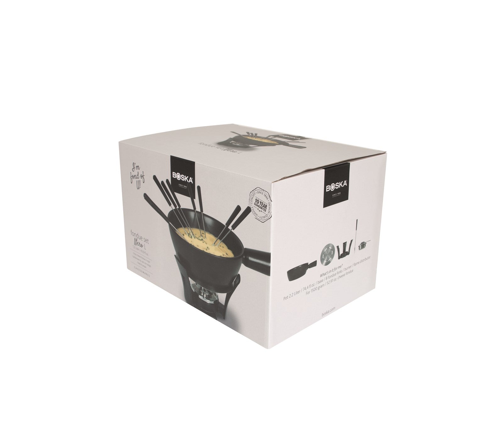 Entdecken Sie das Boska Fondue-Set Nero L, 2,2L: Hochwertiger Edelstahl und elegante Keramik vereinen sich für genussvolle Fondue-Abende. Spülmaschinenfest!