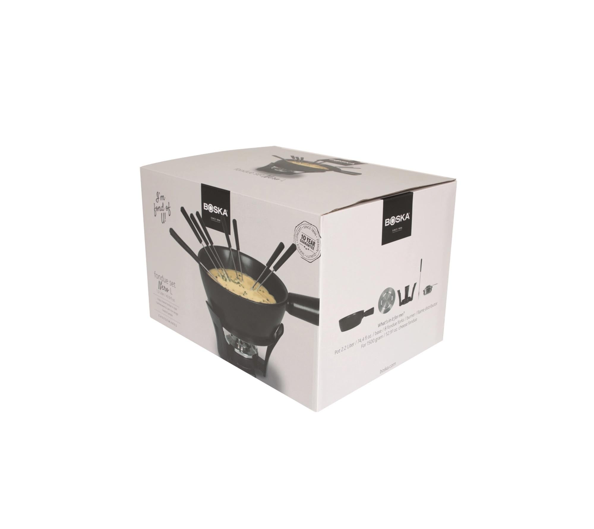 Das Boska Fondue-Set Nero L, 2,2L, aus Edelstahl mit Keramikschale, bietet ein unvergessliches Fondue-Erlebnis. Spülmaschinengeeignet.