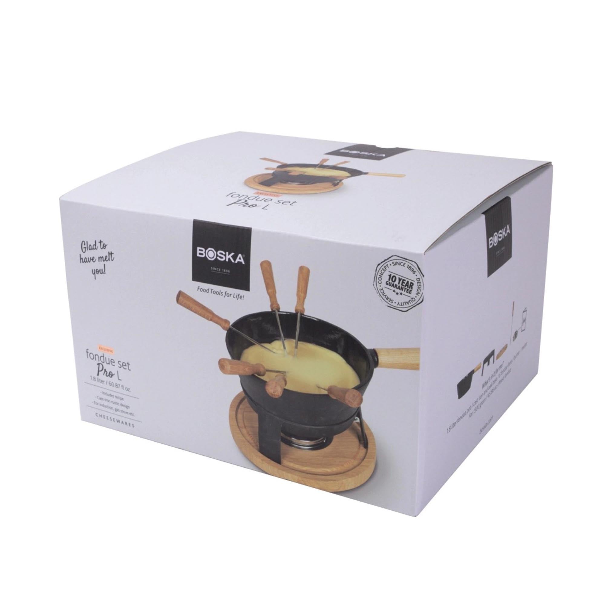 Fondueset Pro L: 1,8L Gusseisen, Eichenholzständer, ideal für Käse- & Schokoladenfondue. Perfekte Wärmeleitung & stilvolles Design.