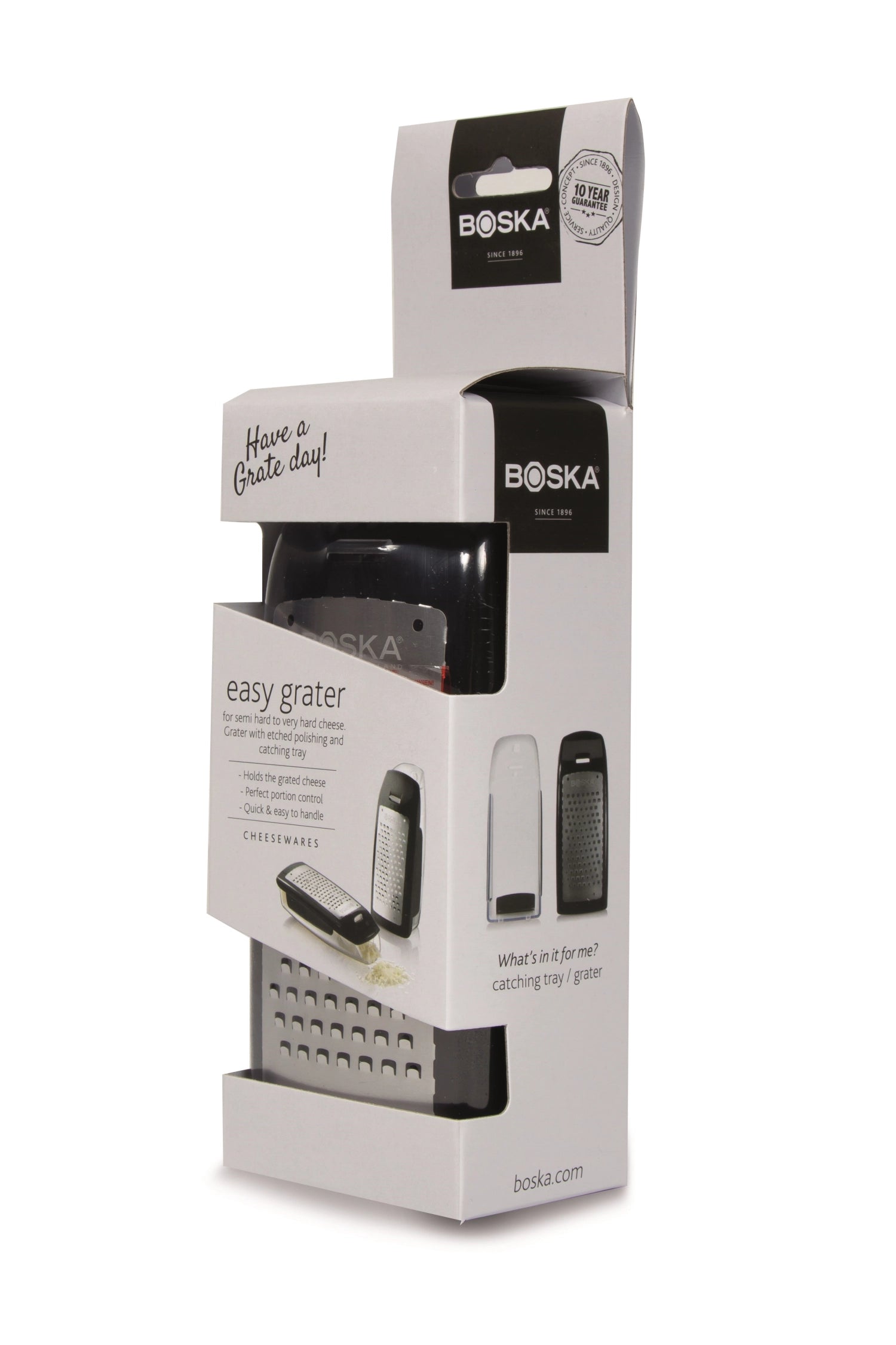 Der Easy Grater von Boska vereinfacht das Reiben von Käse und Gemüse mit seinem eleganten Design und ergonomischen Griff.