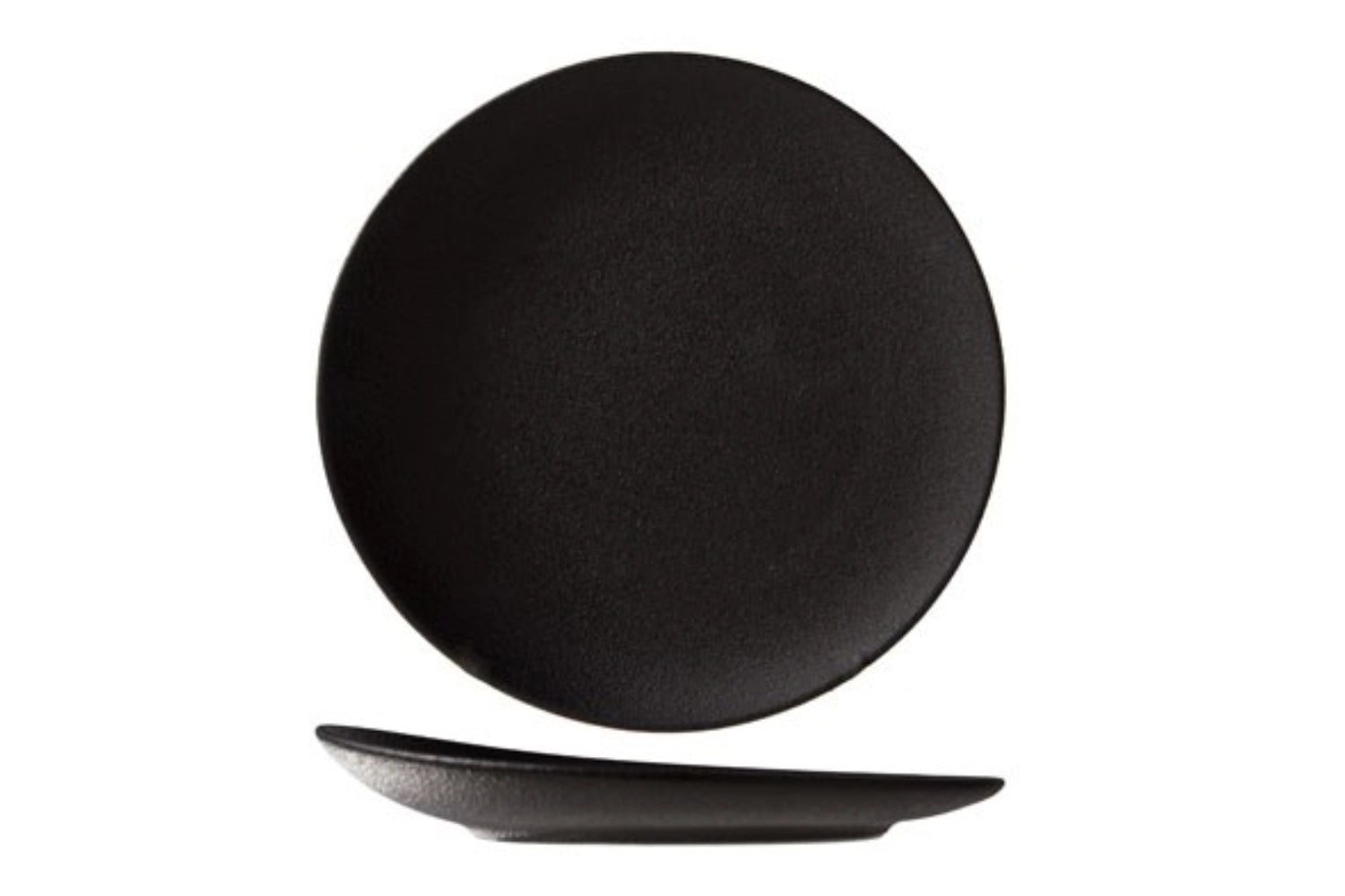 Stilvolle schwarze Platte von Blackstone, Ø 18 cm, ideal für kleine Gerichte und kreative Anrichteideen bei besonderen Anlässen.