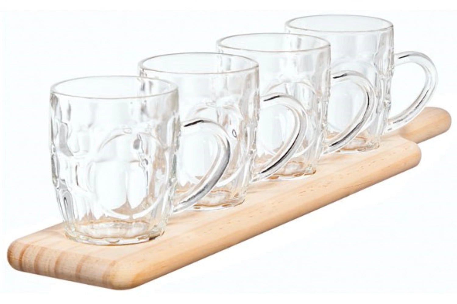 Set aus 4 stilvollen Biergläsern mit passendem Holzbrett (48x10 cm), ideal für gesellige Abende und Bierverkostungen.