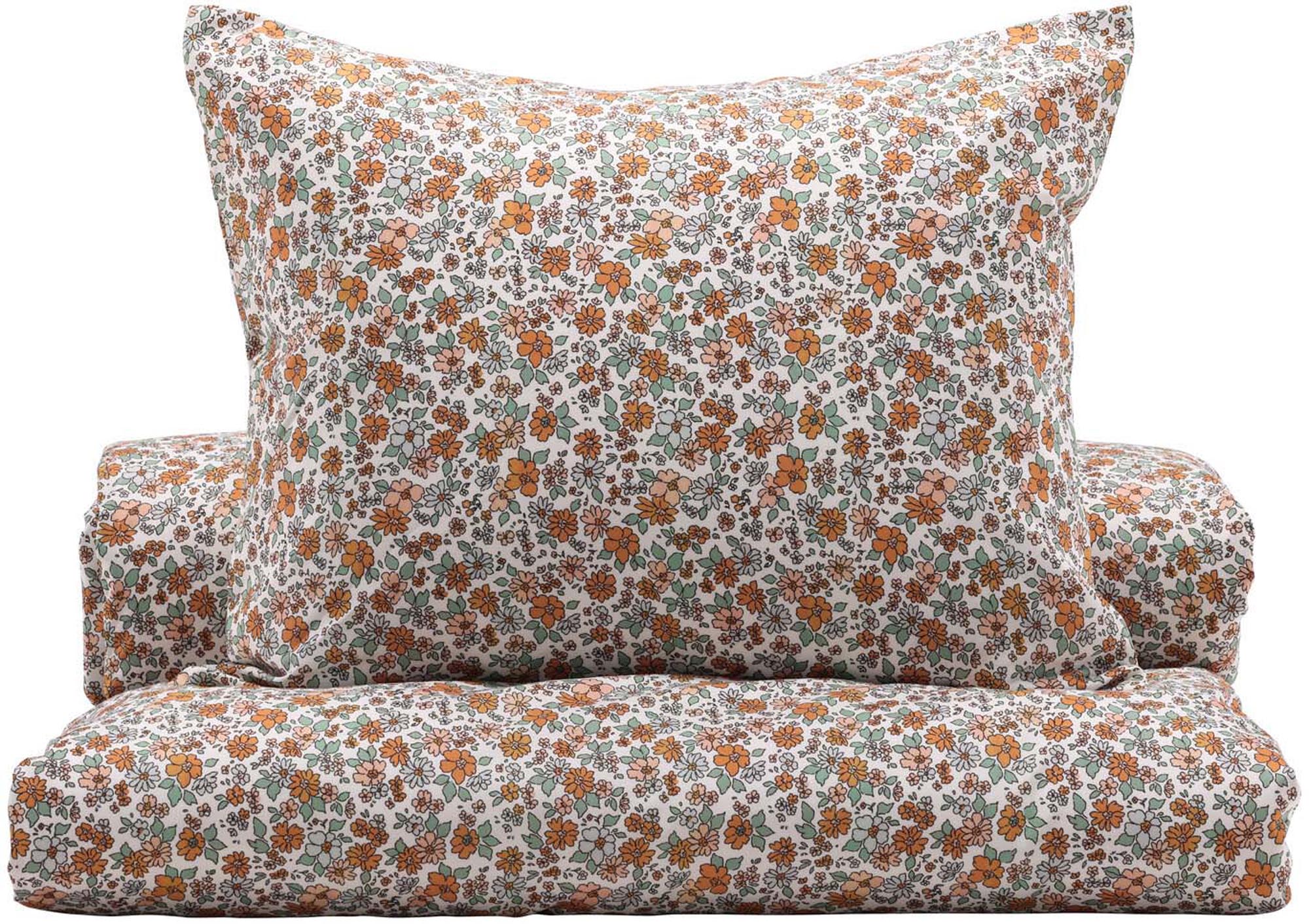 Elegante Vicky Bettgarnitur: 100% Polyester, langlebig, pflegeleicht, mit Blumenmotiven in Rot, Gelb, Orange. Maschinenwaschbar.