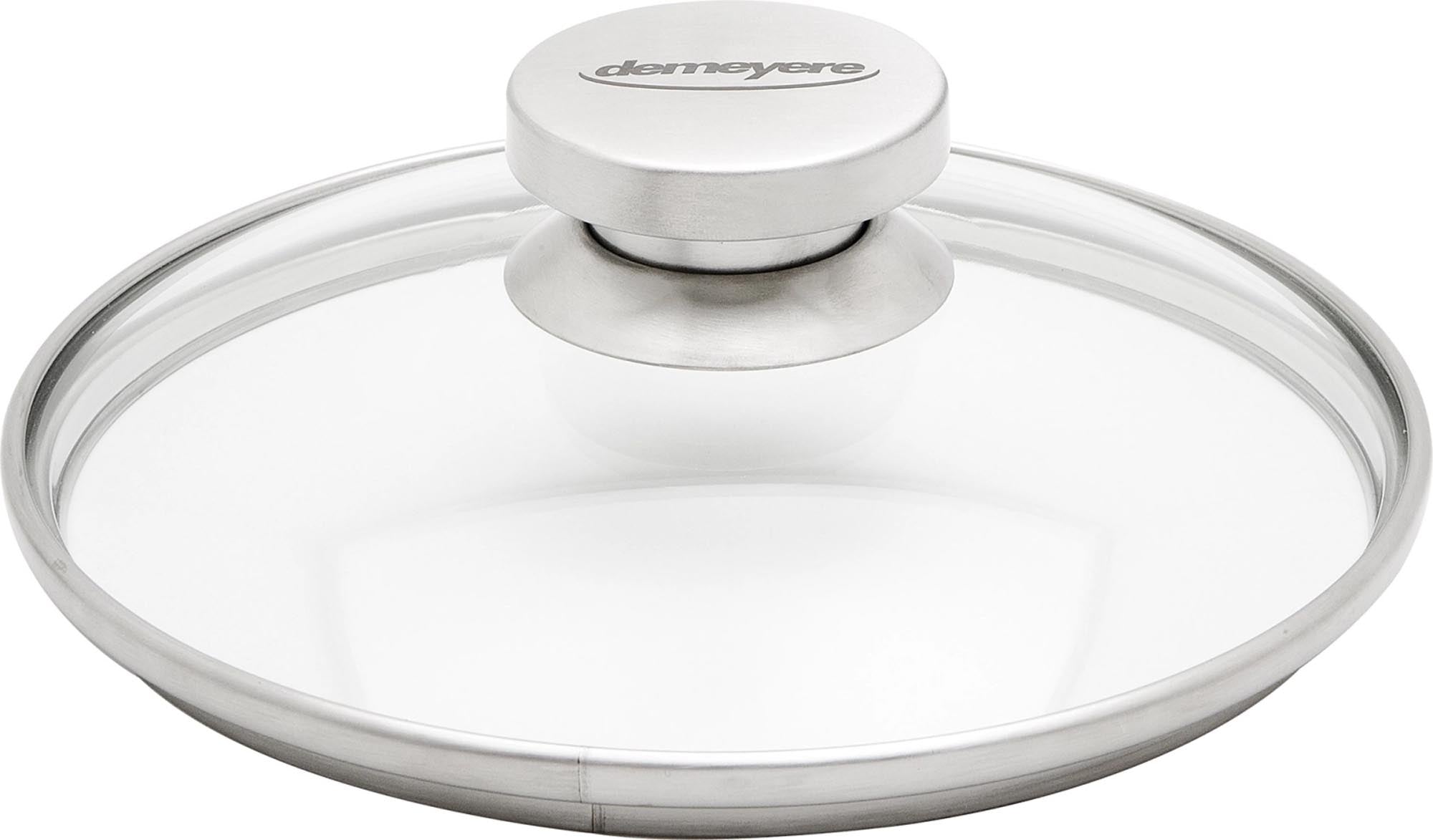 Eleganter 16cm Glasdeckel von Demeyere mit Edelstahlring, hitzebeständig, spülmaschinenfest, ideal für vielseitiges Kochen.