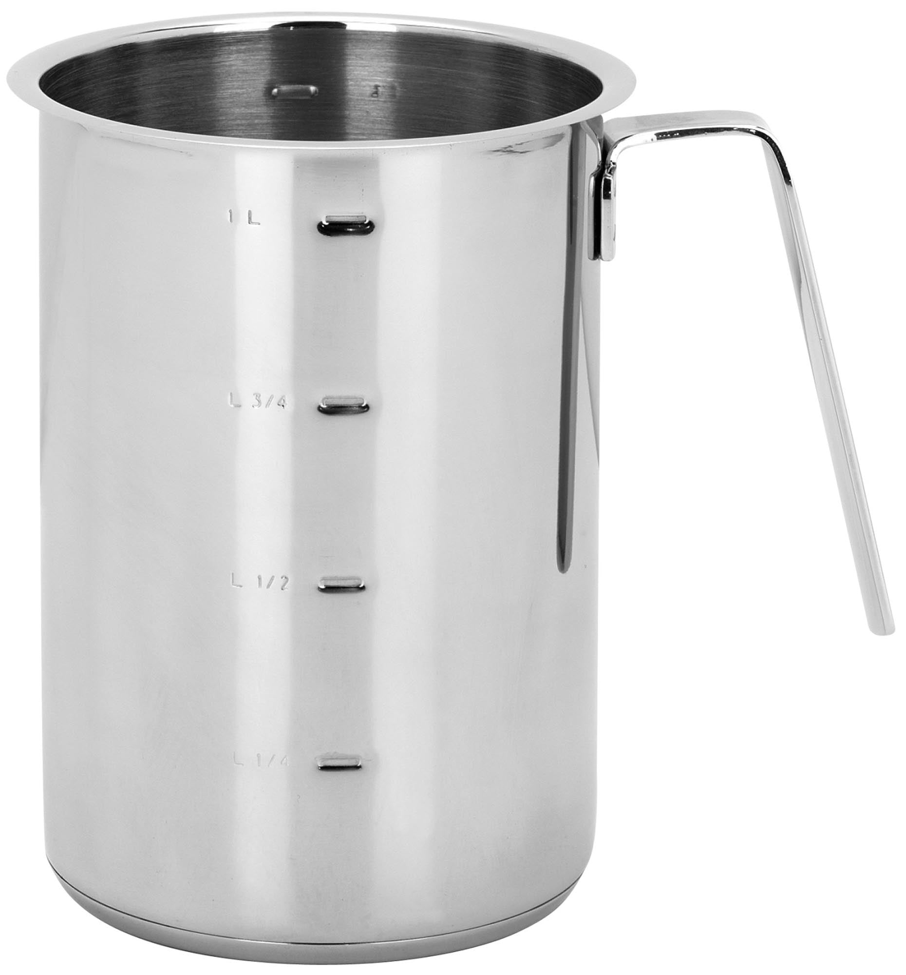 Hochwertige 18/10 Edelstahl Saucenpfanne von Demeyere, 10 cm hoch, ideal für Saucen und Suppen, induktionsgeeignet, pflegeleicht.