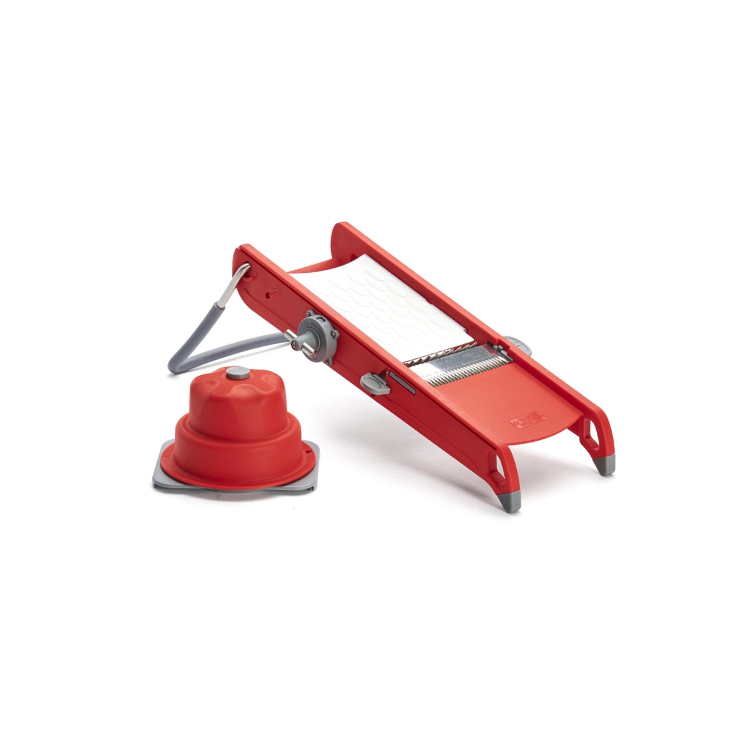 Vielseitige Mandoline Swing Plus in leuchtendem Rot von de Buyer, perfekt zum präzisen Schneiden und Raffeln von frischem Gemüse und Obst.