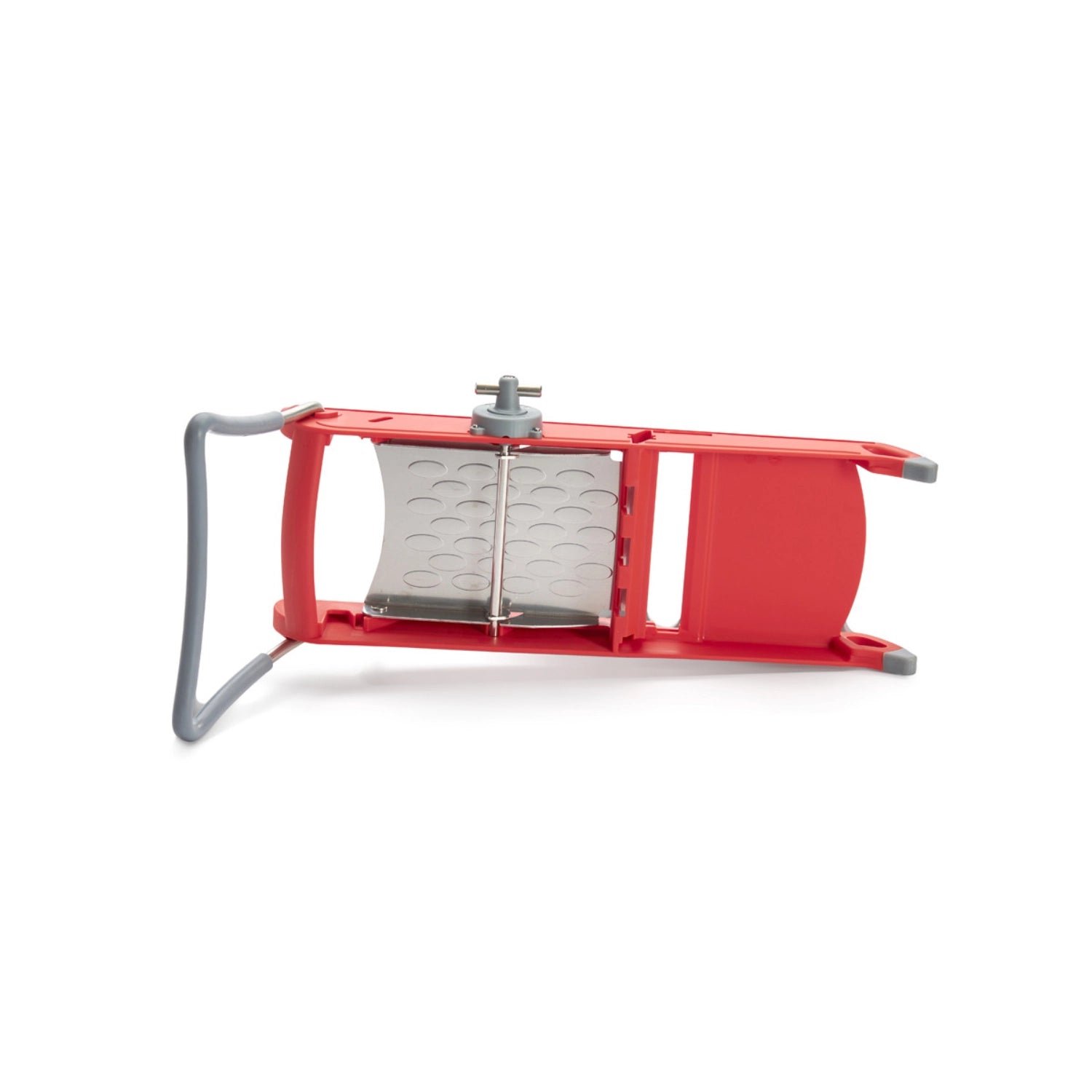 Die Mandoline Swing Plus rot von de Buyer vereint stilvolles Design mit Funktionalität und ermöglicht müheloses, präzises Schneiden von Obst und Gemüse.