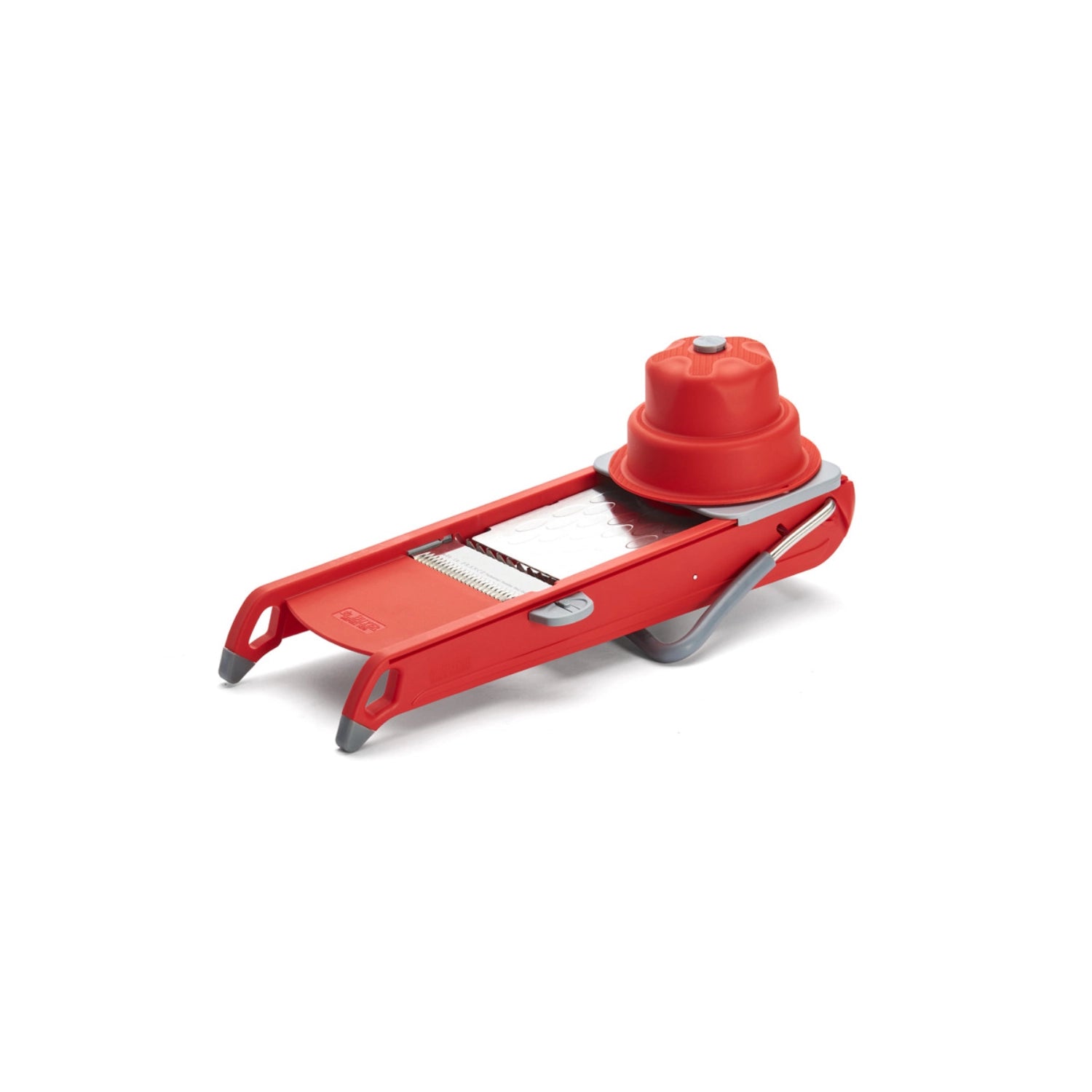 Die Mandoline Swing Plus in leuchtendem Rot von de Buyer ermöglicht präzises Schneiden und Raffeln für kreative Gerichte und effizientes Kochen.