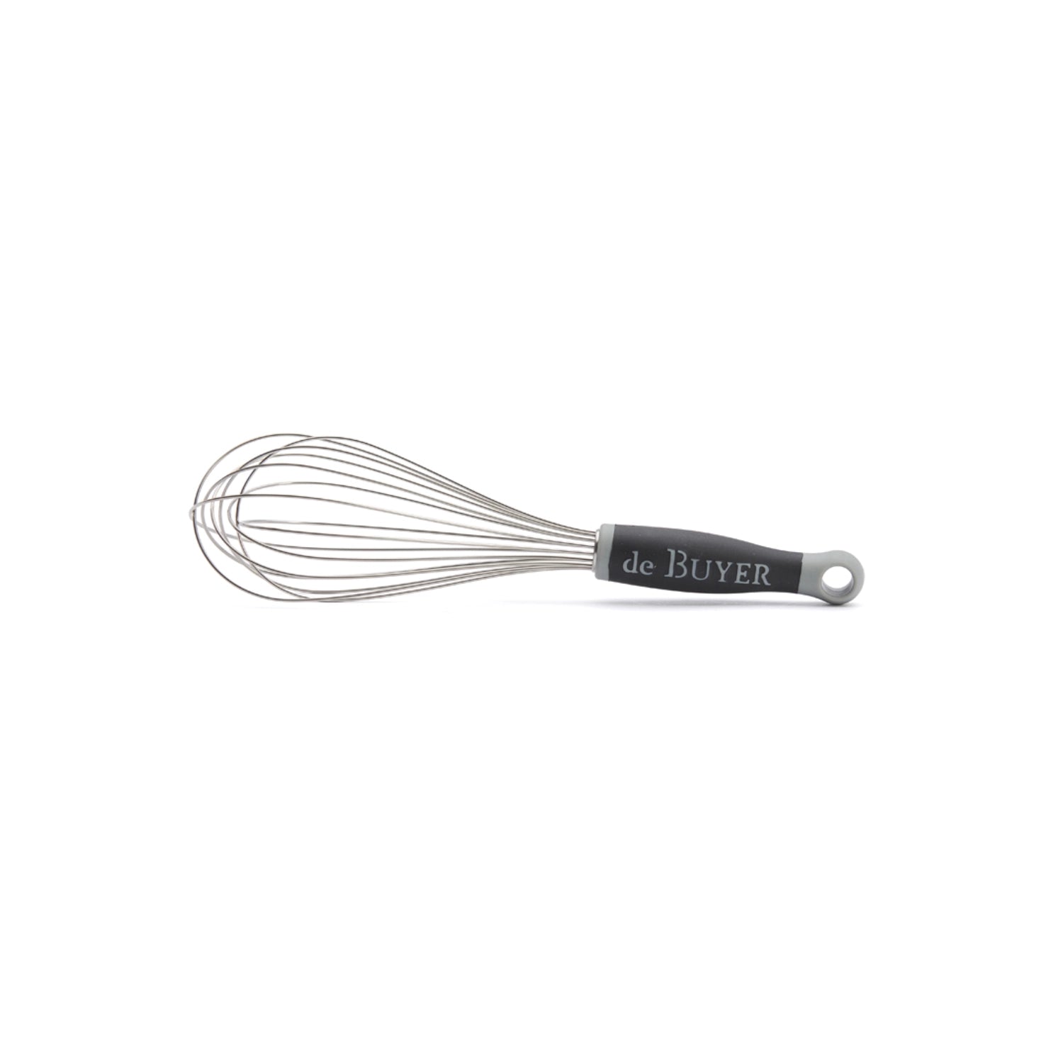 Robuster 25 cm Schwingbesen aus Edelstahl mit ergonomischem Gummigriff von de Buyer, ideal für müheloses Rühren und Schlagen in der Küche.
