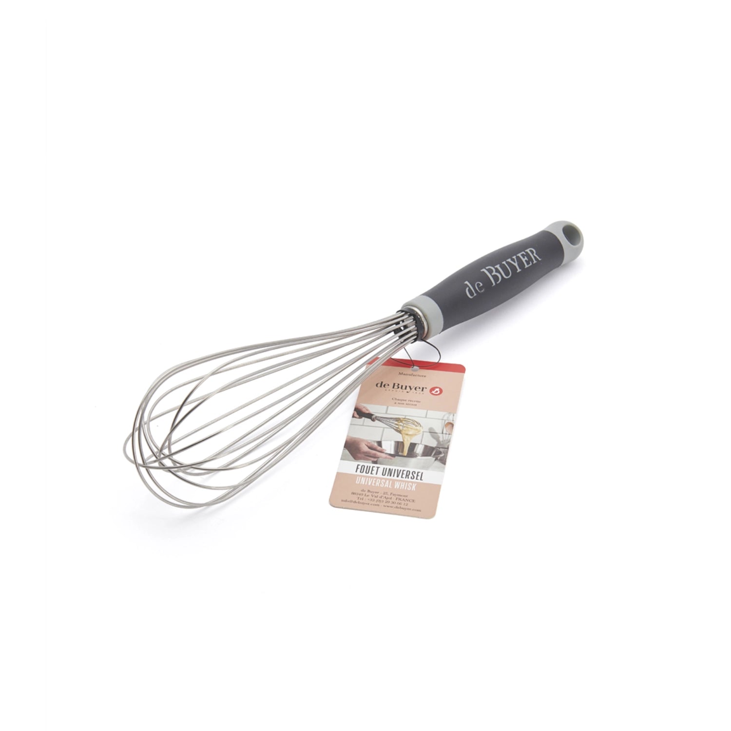 Eleganter 25 cm Schneebesen aus hochwertigem Edelstahl mit rutschfestem Gummigriff von de Buyer, perfekt zum einfachen Mixen und Schlagen von Zutaten.
