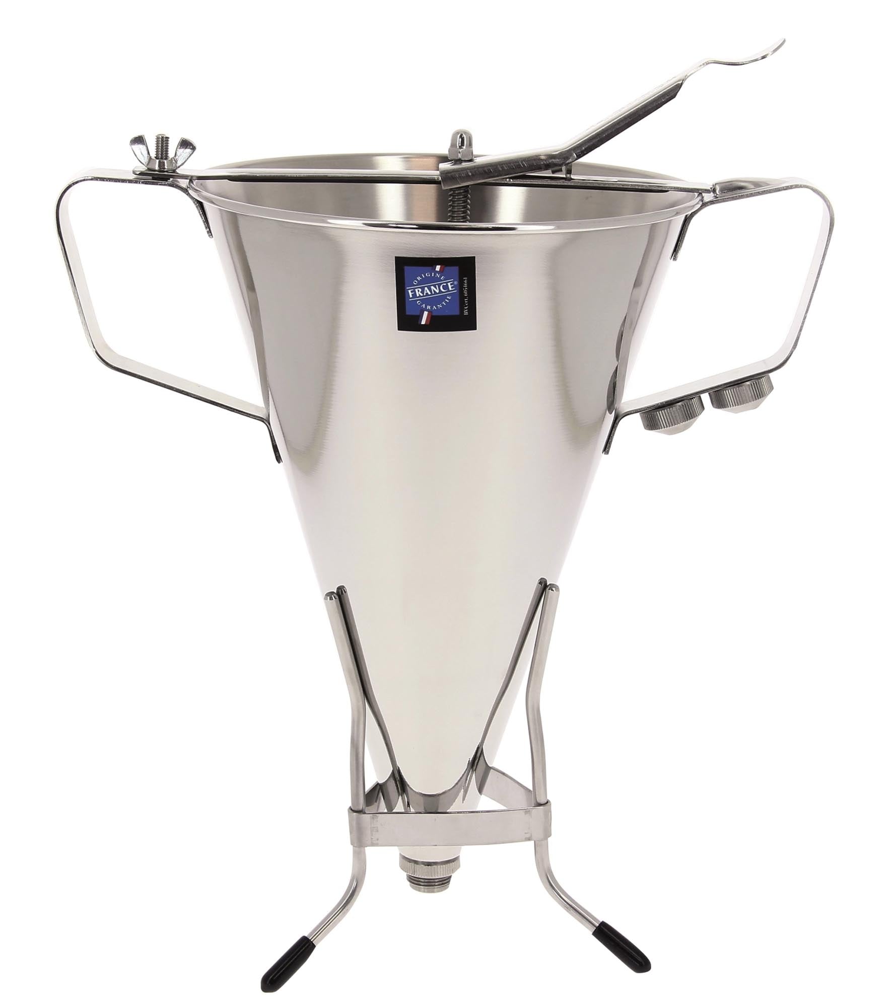 Entdecken Sie den KWIK Saucen- und Fondanttrichter von de Buyer. Mit 3,3 Litern Fassungsvermögen, Edelstahl, und praktischem Ständer für präzises Arbeiten.