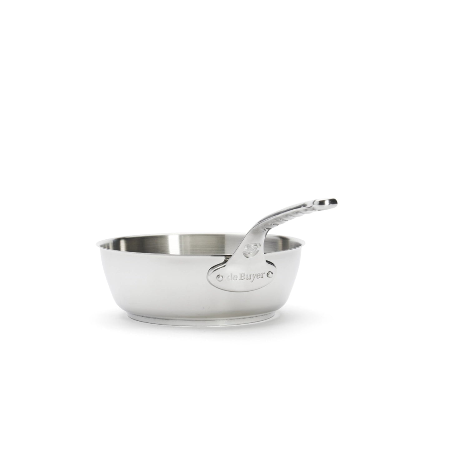 Hochwertige konische Sauteuse von de Buyer, Ø24 cm, 8 cm hoch, 3 l Volumen, geeignet für Induktion, ideal für kreative Kochanwendungen.