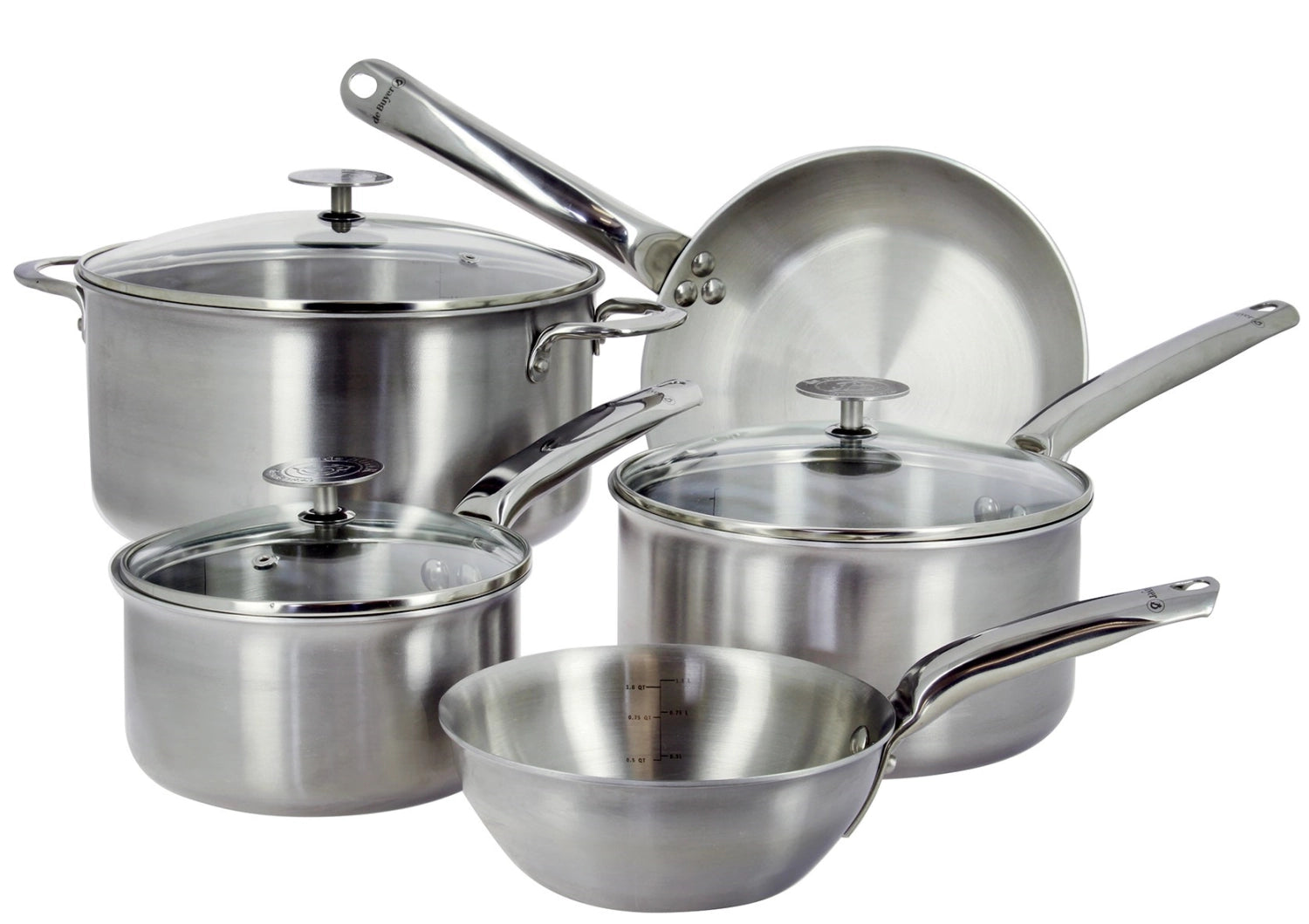 Hochwertiges 8er Set Kochtöpfe Alchimy von de Buyer, bestehend aus 4 Töpfen (16, 20, 24 cm) und einer Bratpfanne (24 cm), ideal für vielseitiges Kochen.