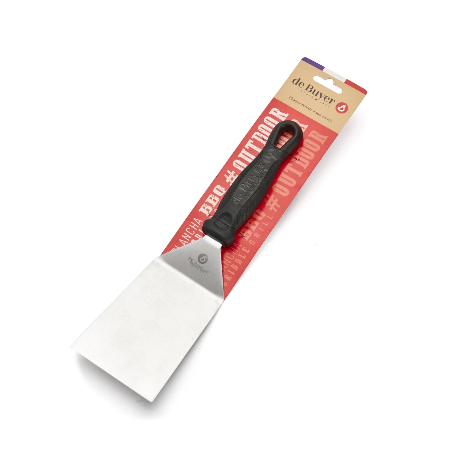 Praktischer 30 cm langer Pfannenwender von de Buyer, abgewinkelt und geschlossen, perfekt für das Wenden und Anrichten von Gerichten.