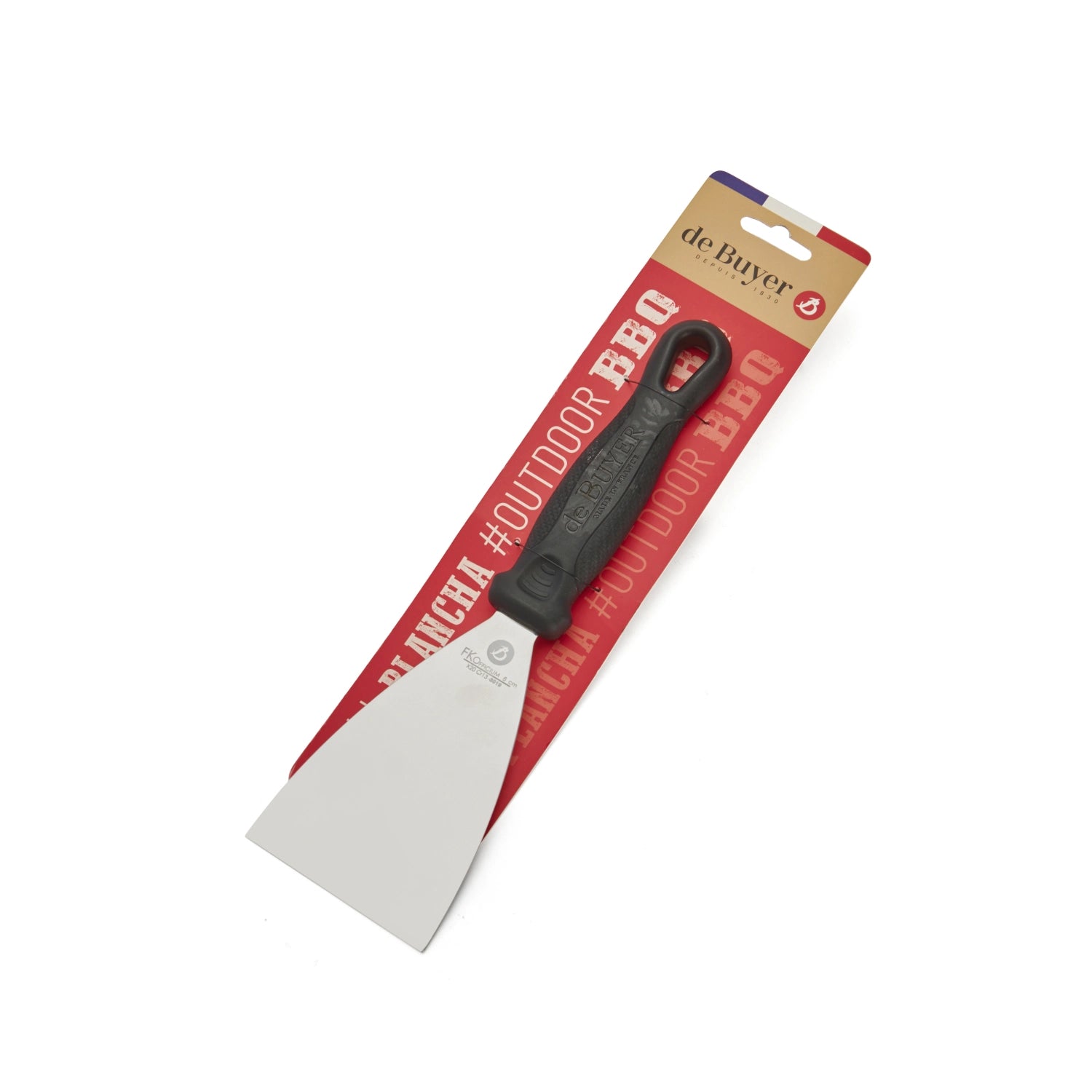 Vielseitiger Dreiecksspachtel von de Buyer, ideal für präzises Arbeiten in der Küche. Klinge von 8 cm und Gesamtlänge von 26,5 cm.