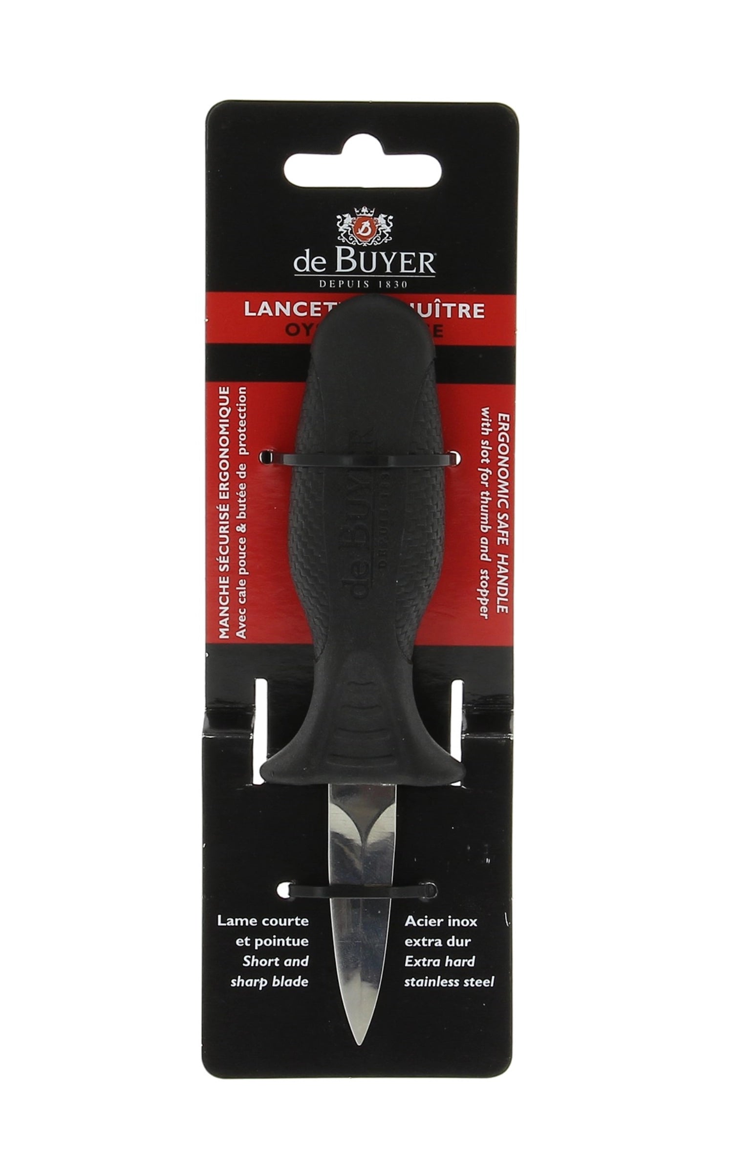 Hochwertiges Austernmesser von de Buyer mit robuster Edelstahlklinge, perfekt zum mühelosen Öffnen von Austern, ergonomisch und funktional.