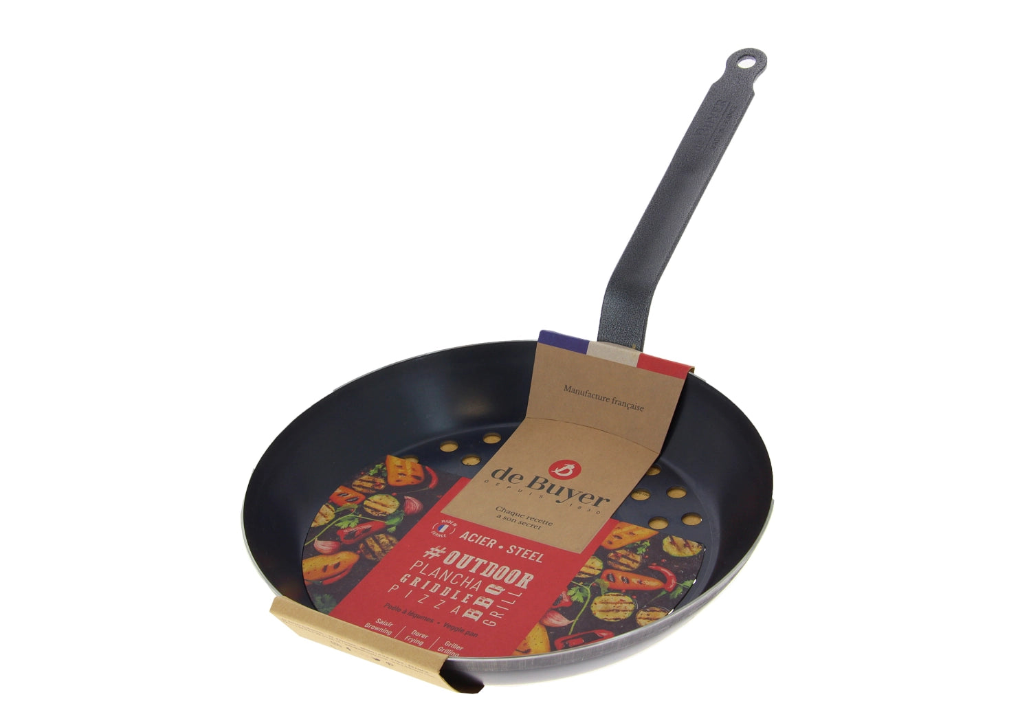 Robuste Marronipfanne von de Buyer mit 28 cm Durchmesser, ideal für Outdoor-Kochen, sorgt für gleichmäßige Hitzeverteilung und köstliche Ergebnisse.