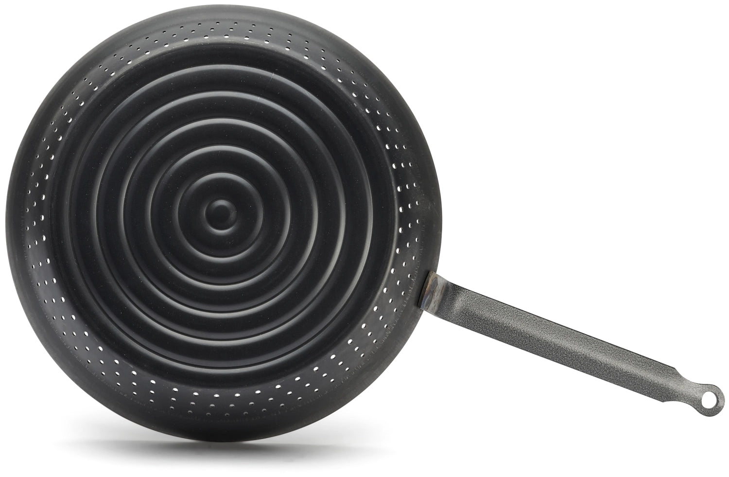 Robuste Marronipfanne mit seitlichen Löchern, Ø 28 cm, ideal für das Zubereiten von köstlichen Speisen im Freien, perfekt für Grillabende.