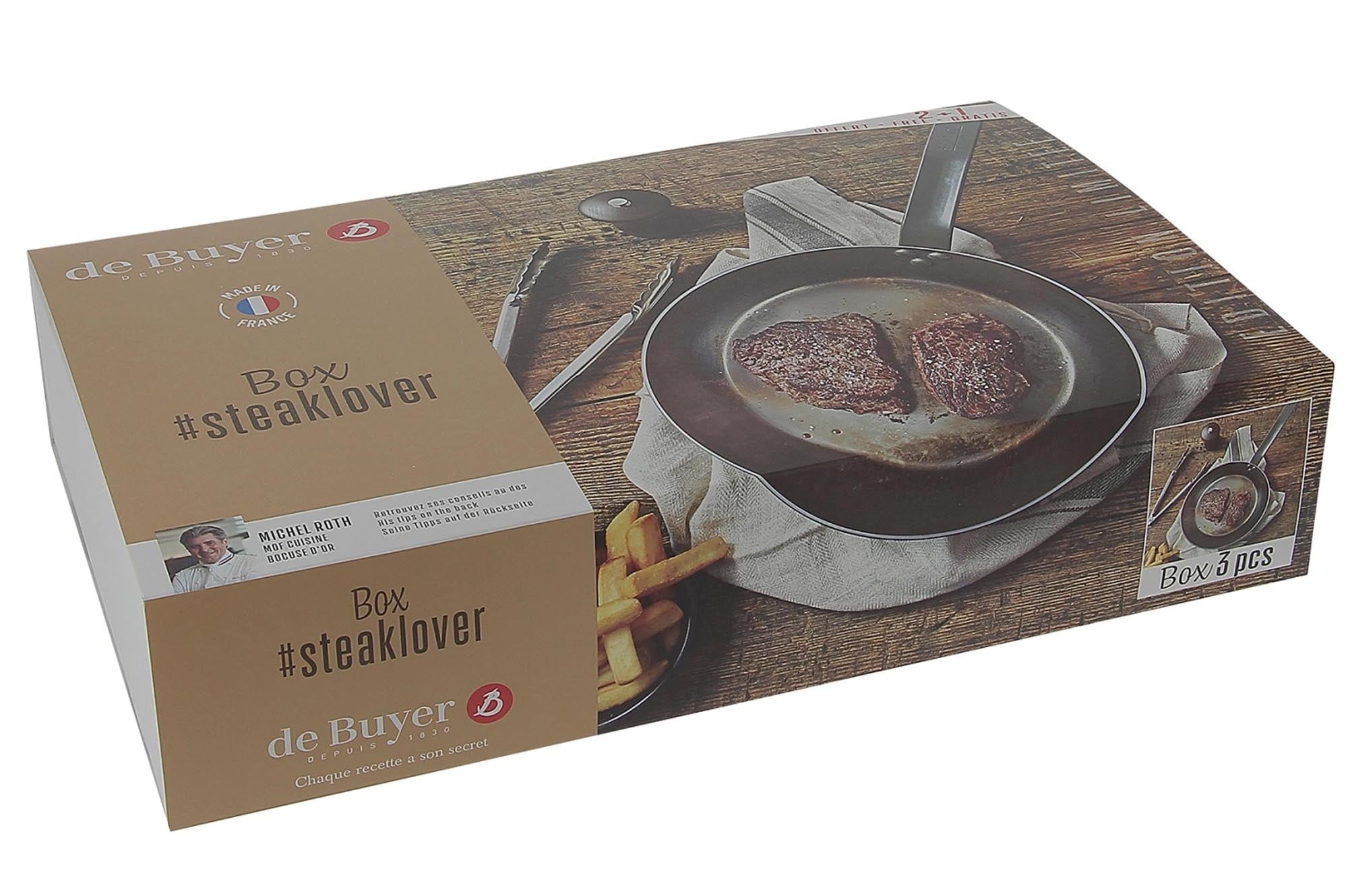 Entdecken Sie das 3er Set STEAKLOVER von de Buyer: Hochwertige 26 cm Bratpfanne, praktische Spatule und 14 cm Moulin für perfekte Steakzubereitung.