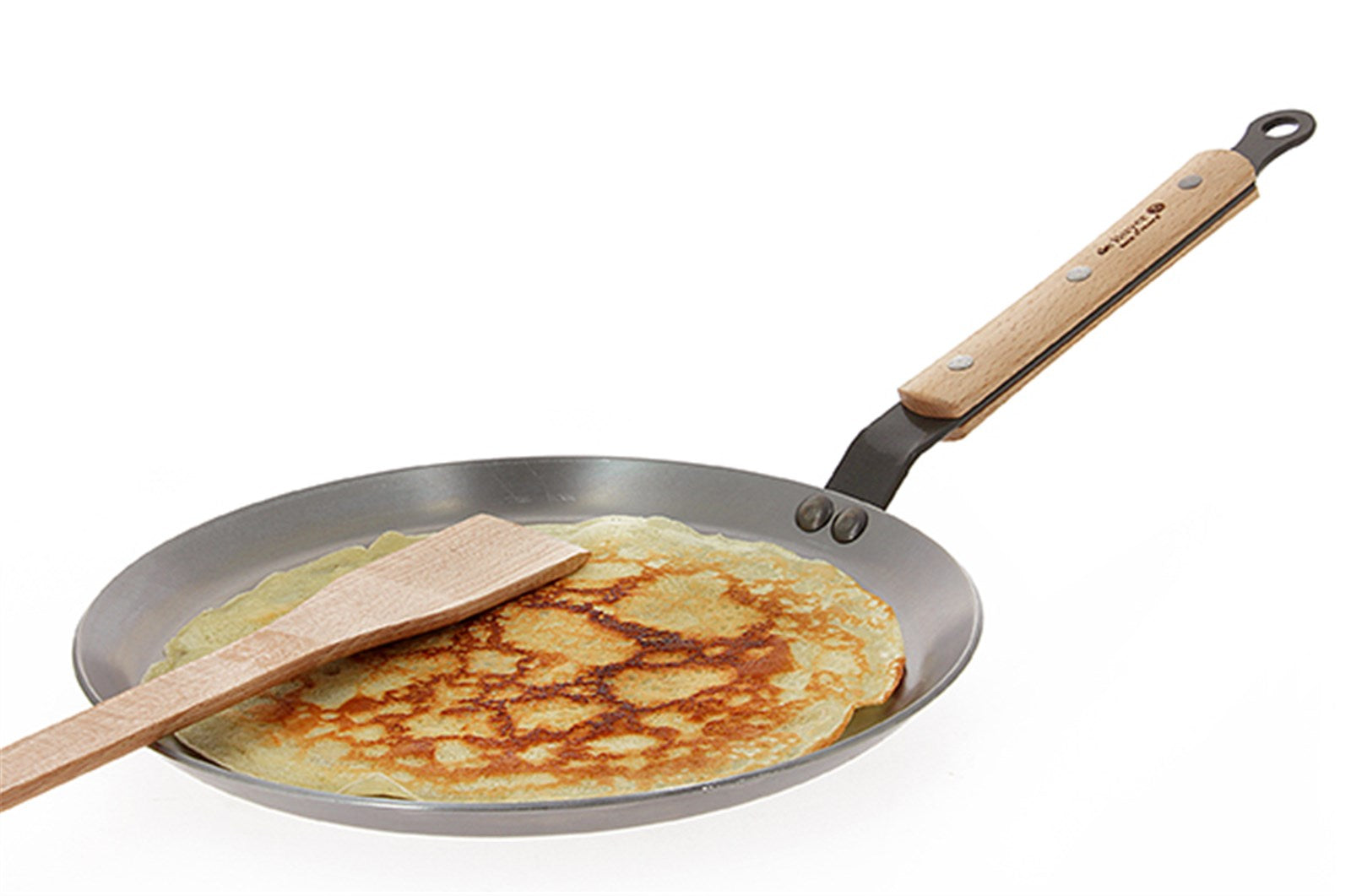 Crepe-Pfanne Mineral B Bois Ø 26 cm von de Buyer: Robuste Eisenpfanne mit stilvollem Holzgriff, optimal für Crepes und Pfannkuchen.