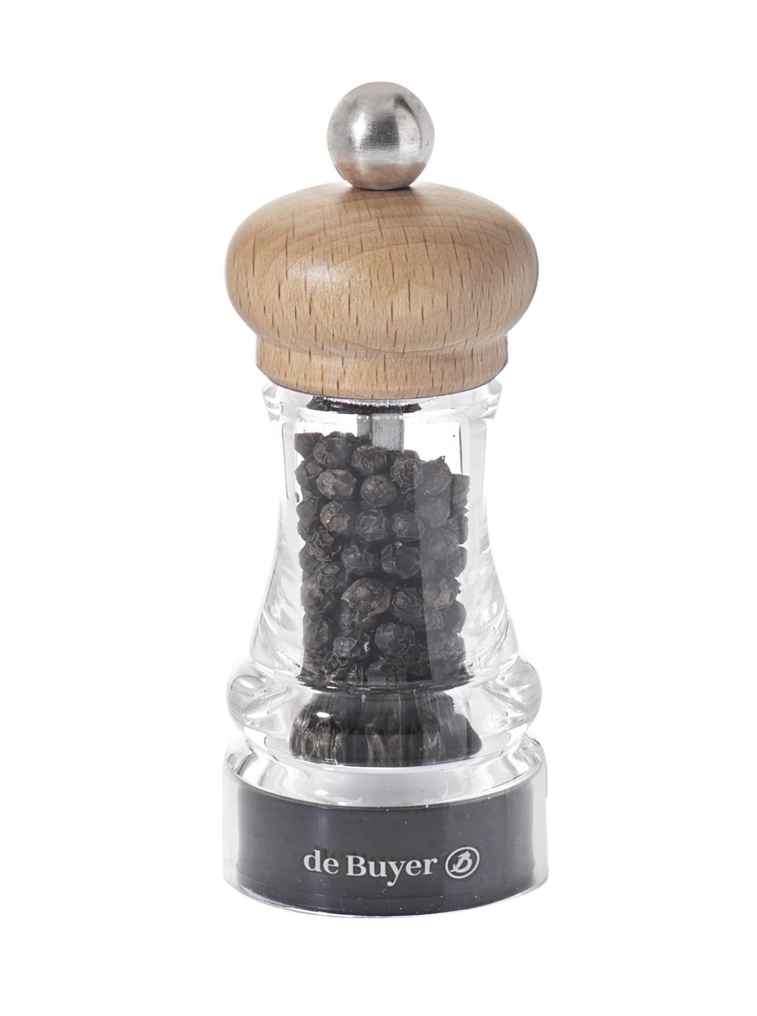 Entdecken Sie die 11 cm große Gewürzmühle Hip Hop von de Buyer. Hochwertiger Edelstahl, stufenlose Mahlgradeinstellung für Salz und Pfeffer.