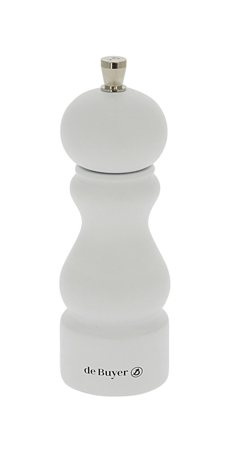 Elegante Pfeffermühle Rumba in Mattweiss, 18cm, von de Buyer: Stilvolles Design, langlebiger Edelstahl, präziser Mahlmechanismus.