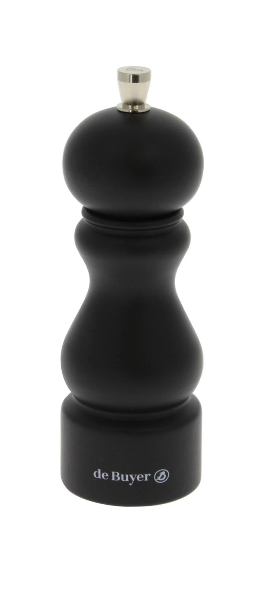 Elegante Salz-Mühle aus Edelstahl und Holz, matt-schwarz, 18cm. Präzises Mahlwerk, stufenlos einstellbar. Perfekt für Küche und Tisch.