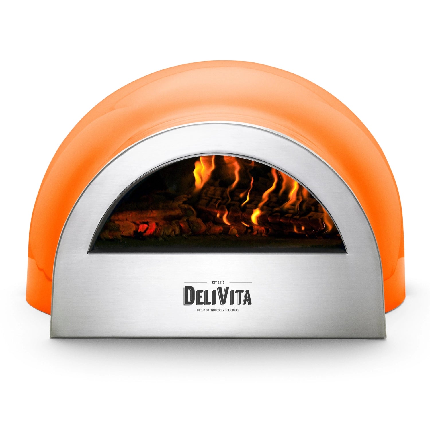 Kompakter, leuchtend oranger Pizzaofen von Delivita, perfekt für Outdoor-Events, vereint Funktionalität und modernes Design für köstliche Pizzakreationen.