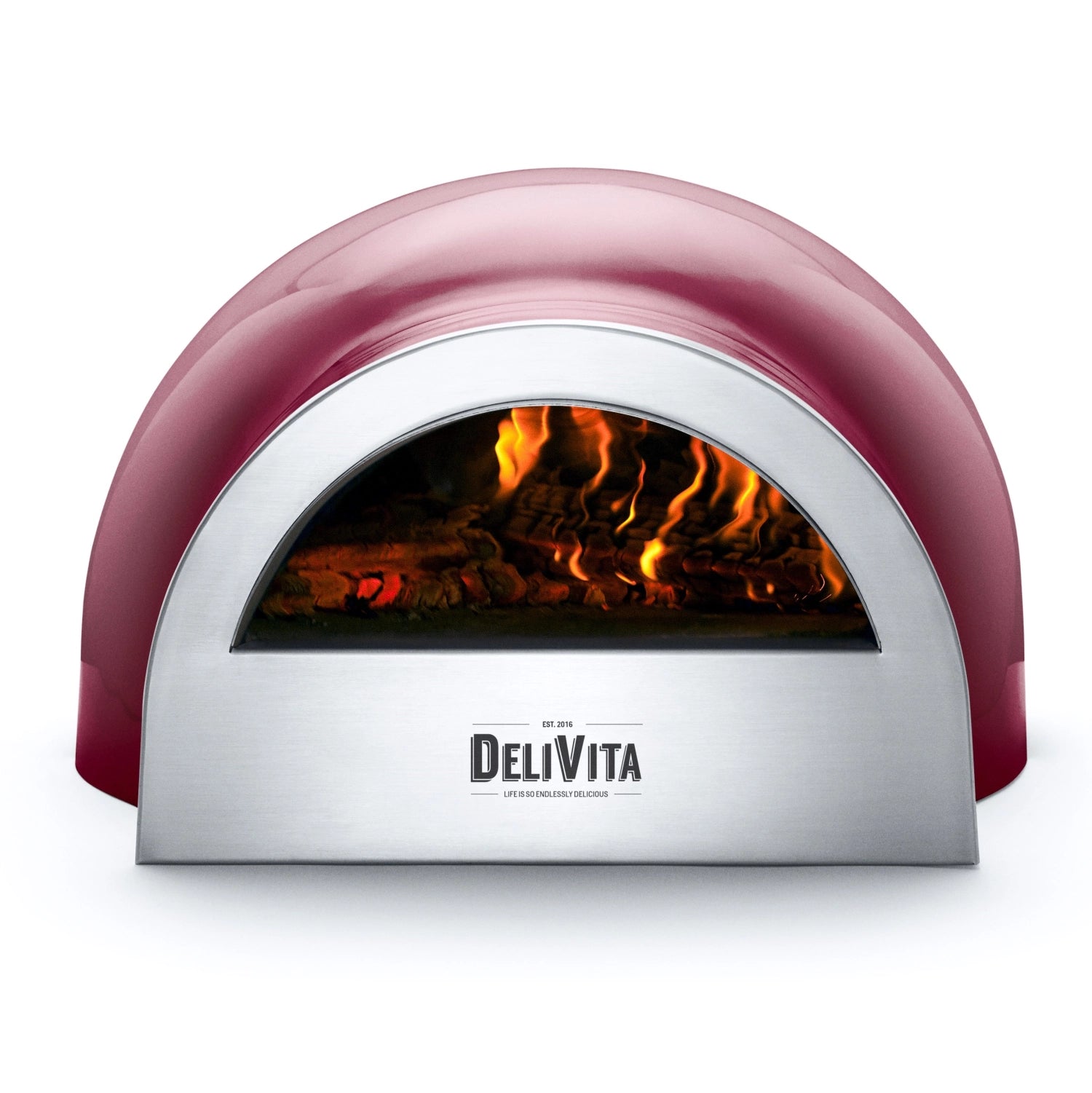 Eleganter beerenroter Pizzaofen von Delivita, perfekt für Outdoor-Pizza-Genuss, kombiniert modernes Design mit hoher Leistung.