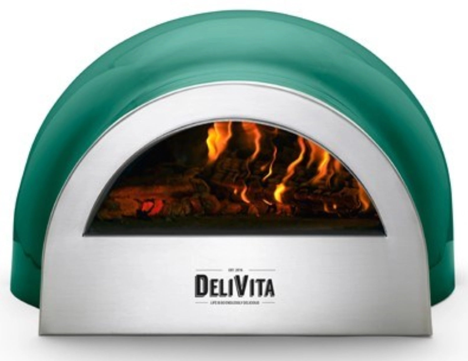 Grüner Pizzaofen von Delivita, ideal für die Zubereitung von köstlicher Pizza im Freien, stilvolles Design für Garten und Terrasse.