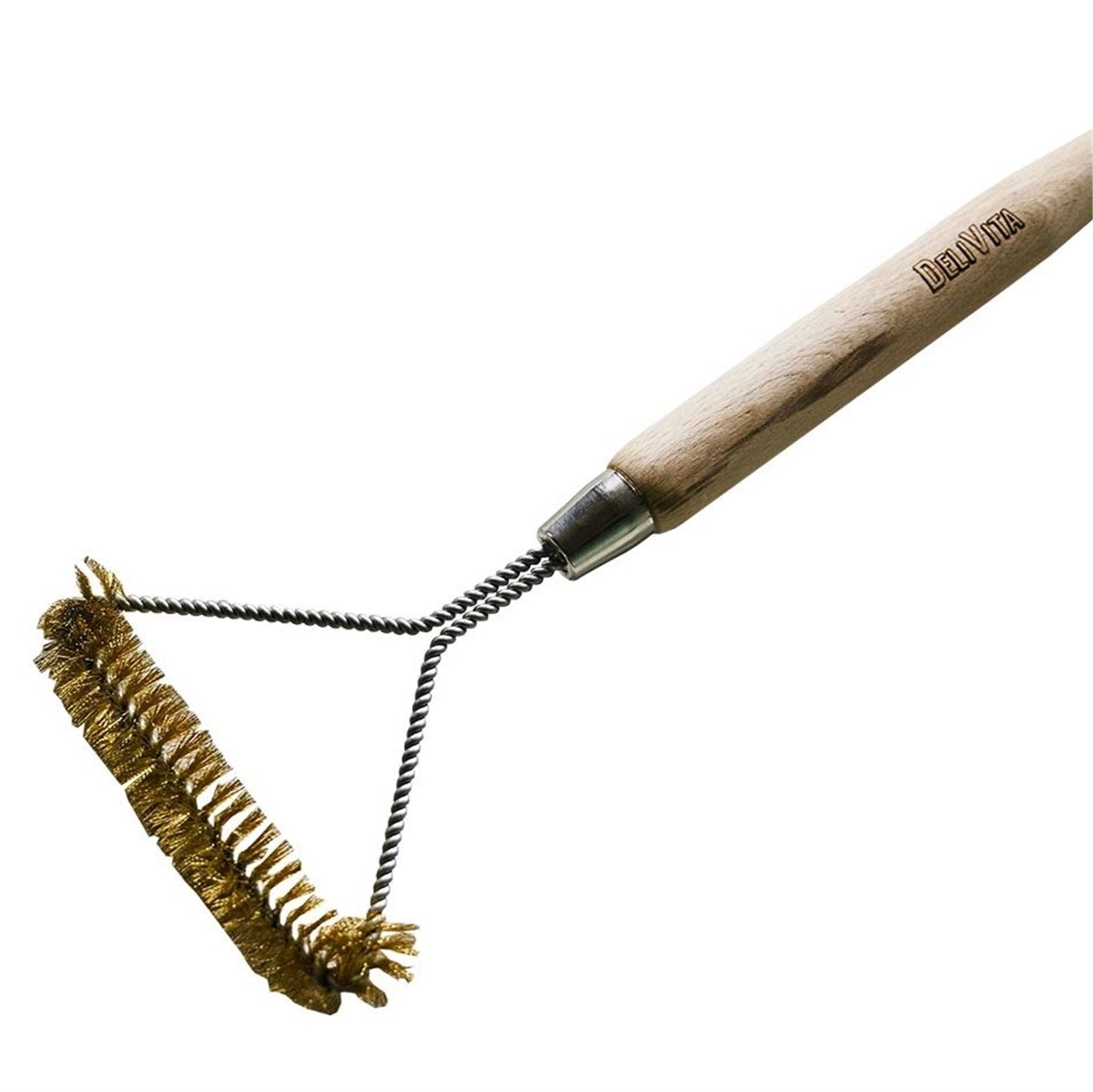 Erleben Sie die Delivita Ofenbürste: Hochwertige Edelstahlborsten und ein komfortabler Holzgriff sorgen für eine einfache Reinigung von Grill und Pizzaofen.