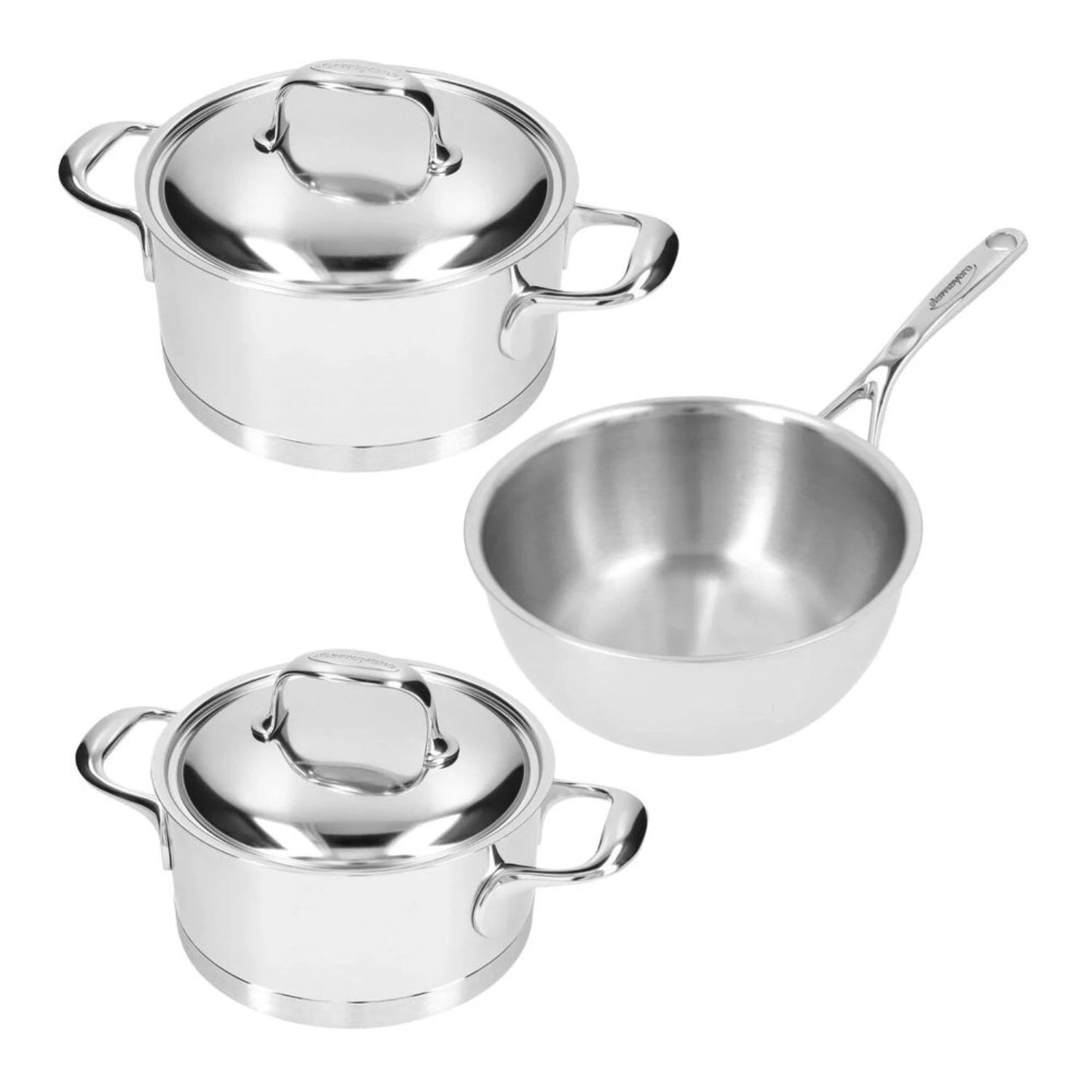 Elegantes 3-teiliges Kochtopfset Atlantis 7 von Demeyere, bestehend aus D41318, D41320 und D25920, perfekt für vielseitige Kochanwendungen.