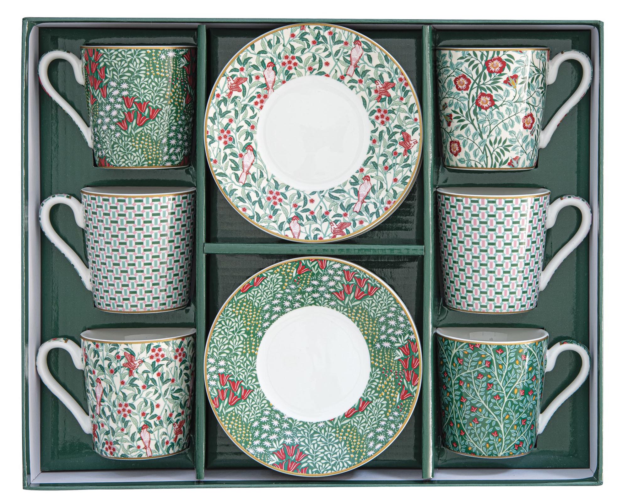 Elegante 6er Set Espressotassen mit Untertassen im floralen Design, perfekt für Kaffeeliebhaber und stilvolle Tischdekoration.
