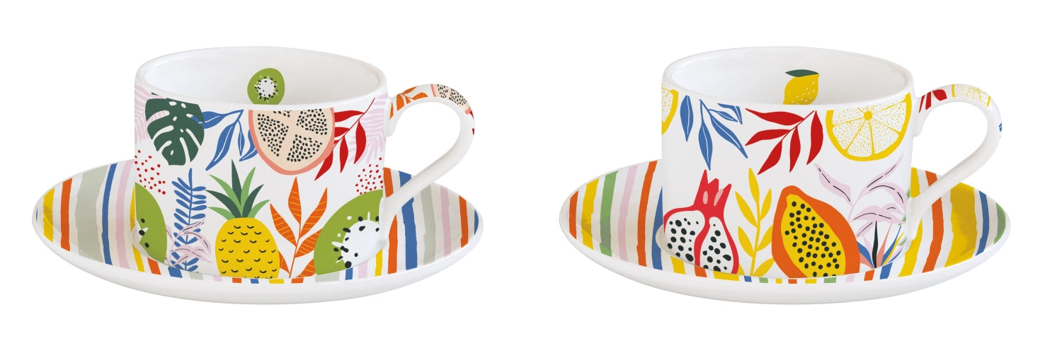 Buntes 2er Set Coffee Mania Kaffeetassen mit Untertassen im Tutti Frutti Design von Easy Life, ideal für fröhliche Kaffeepausen und stilvolle Tischdekoration.