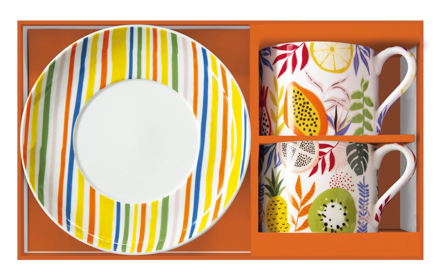 Fröhliches 2er Set Kaffeetassen mit passenden Untertassen im fruchtigen Tutti Frutti Design von Easy Life, perfekt für lebendige Kaffeemomente.