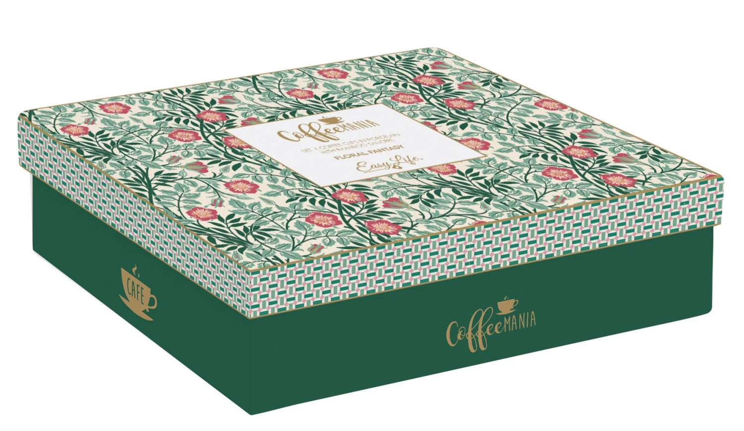 Buntes 4er Set Espressotassen "Coffee Mania" von Easy Life, verziert mit floralen Mustern, perfekt für stilvolle Kaffeepausen.